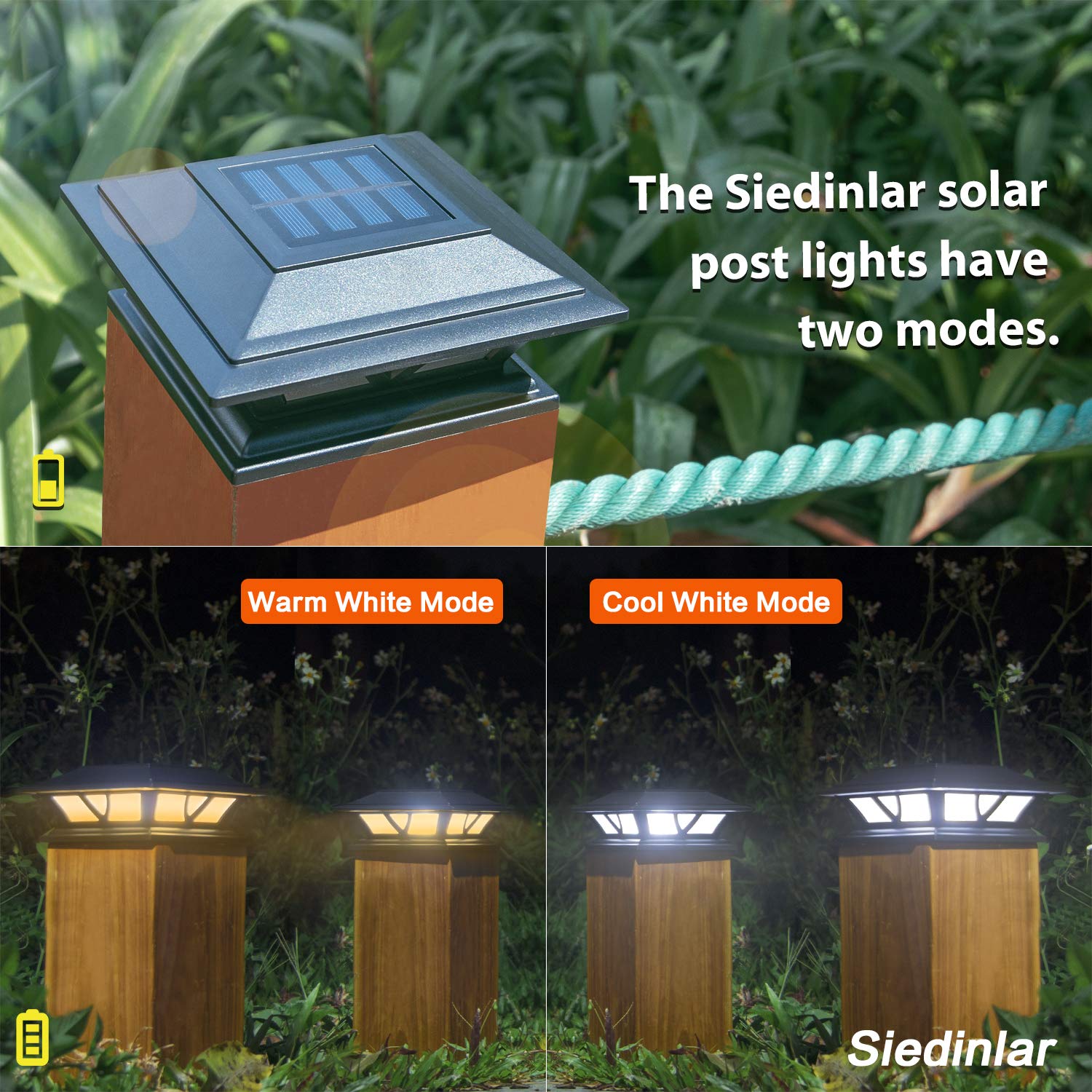 SIEDiNLAR Solar Post Lights Outdoor, 2 Modes LED Deck Cap Light, 2 Pack, Black, for 4x4 5x5 6x6 Posts, Warm White