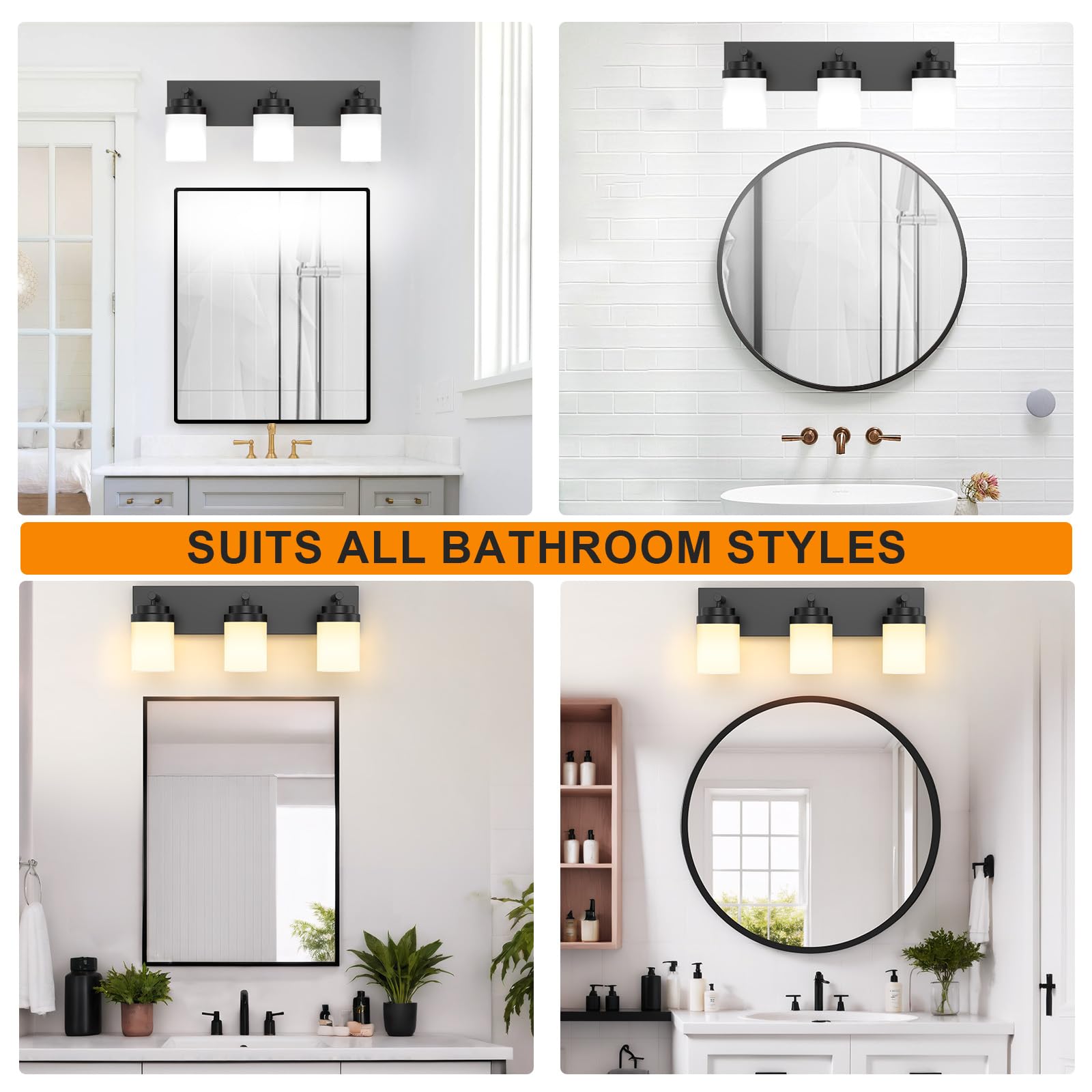 IZORRO 3-Light Bathroom Vanity Light Fixture, Matte Black with White Glass Shade, Modern Farmhouse Design, Model HL101