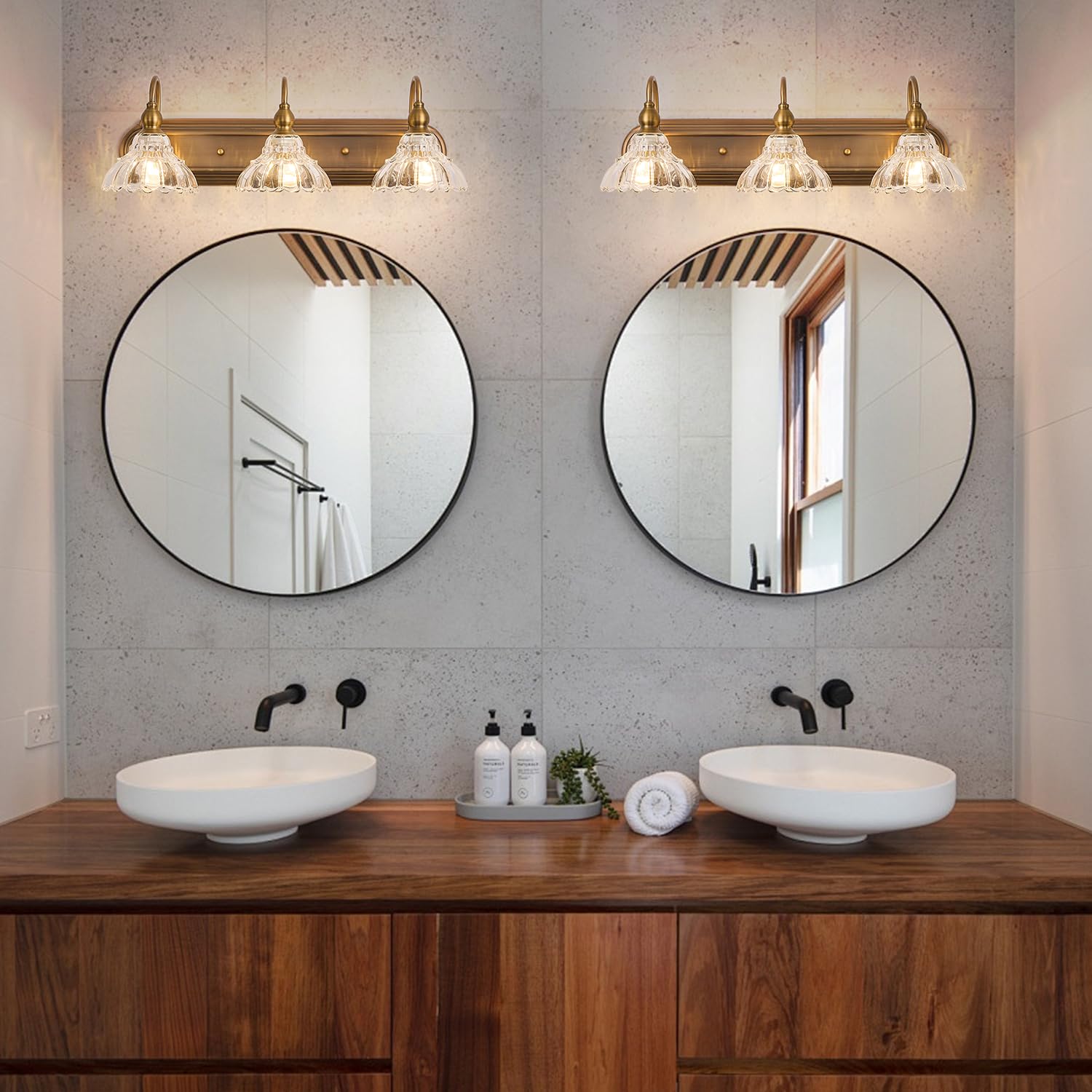 TLOLGT Vintage 3-Light Bathroom Vanity Lighting Fixture, Brass Glass Sconces, Retro Design, Model CP178-3T