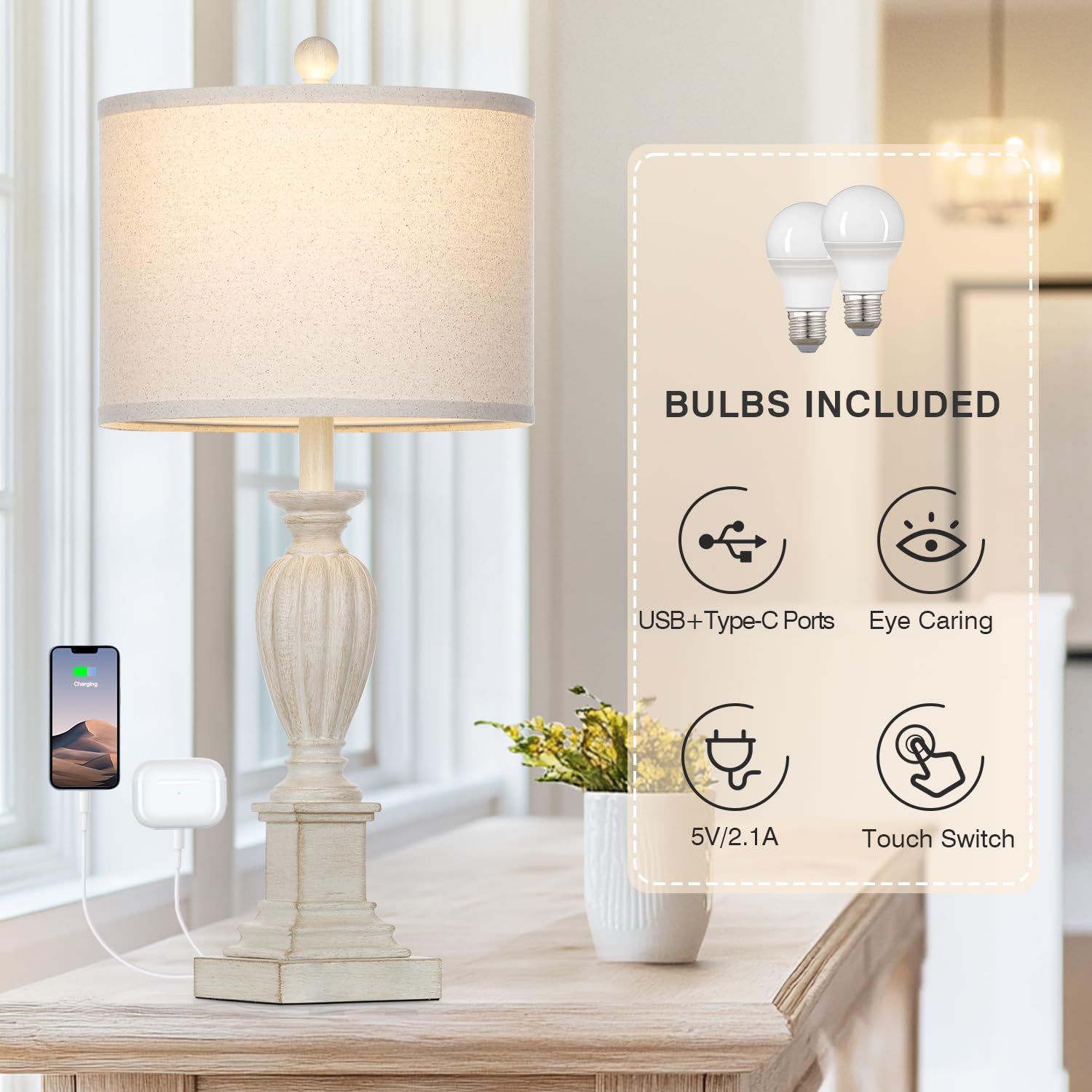 Cinyirong 27'' Farmhouse 3 Way Dimmable Touch Table Lamp Set Of 2 Rustic Classic Bedside Nightstand Wood Lamps For Living Room B