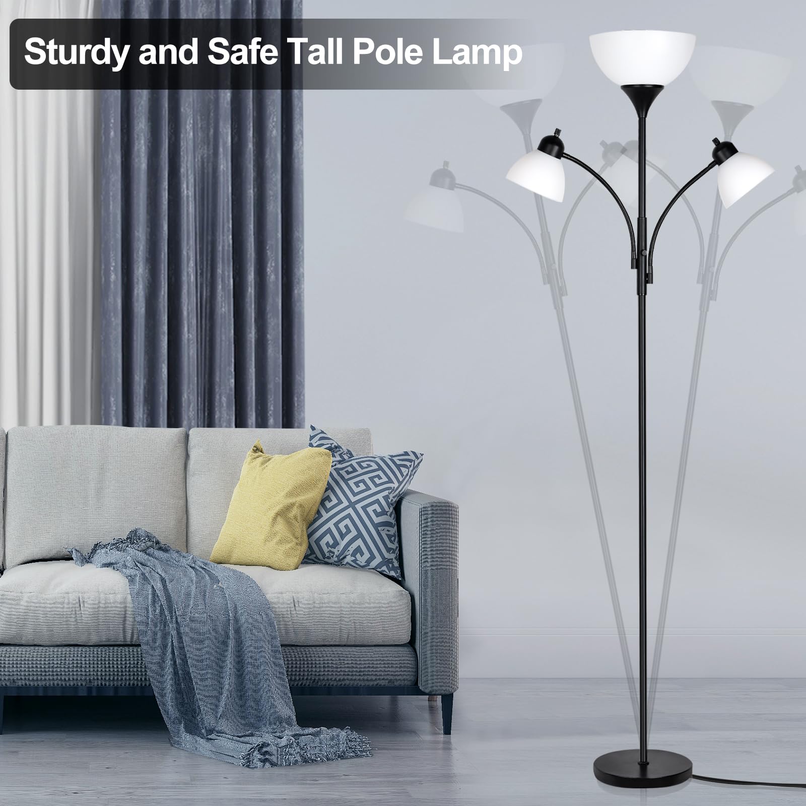 Rislg Floor Lamps For Living Room,Standing Lamp With Stepless Dimming, 3 Lights Adjustable Reading Lights, Morden Tall Lamps For