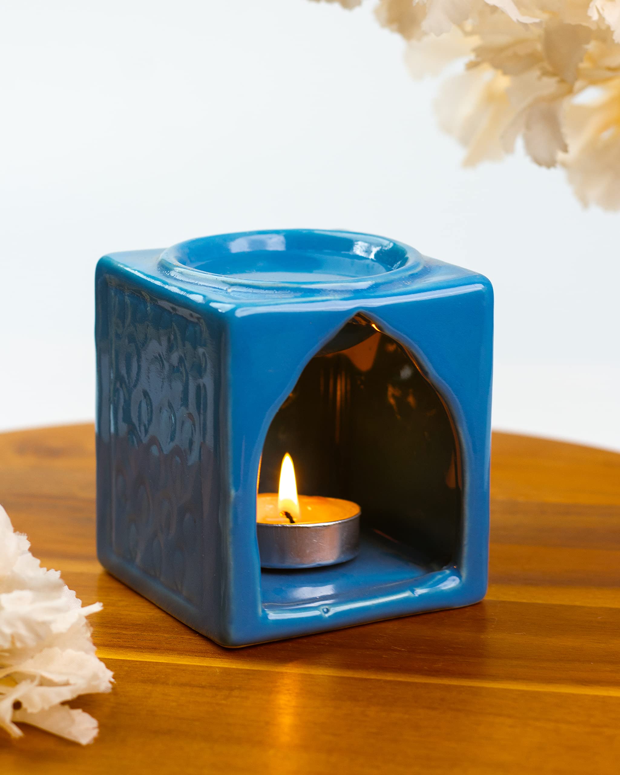 AuraDecor Handcrafted Small Ceramic Burner Square Shape with 1 T-Light Candle for Home Decorations (Aqua)