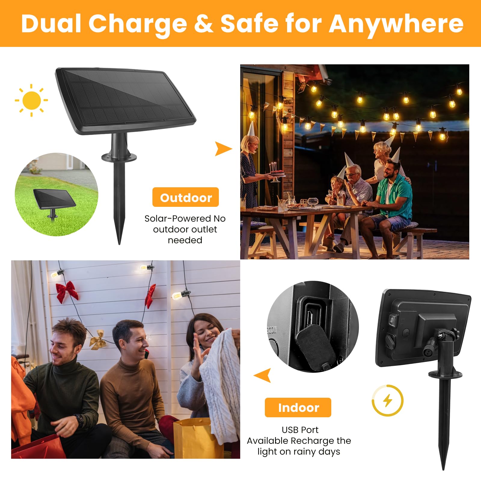 208Ft(196+12) Solar String Lights Outdoor Waterproof, Solar Powered Patio Light With 60+3 Dimmable S14 Edison Bulbs Shatterproof