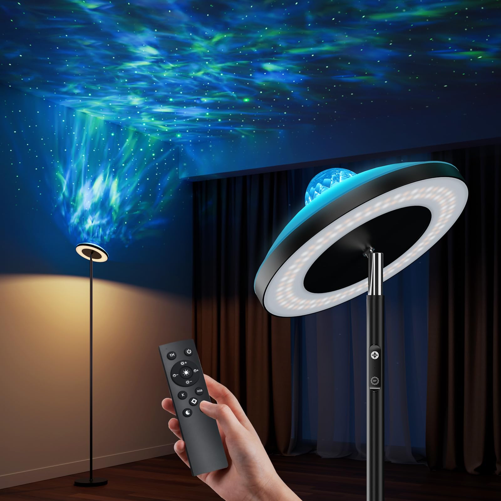 DUSKTEC Floor Lamp with RGB Star Projector, 15W 1400LM Dimmable 4 Color Temperatures LED Standing Lamp with Remote, Modern Tall 
