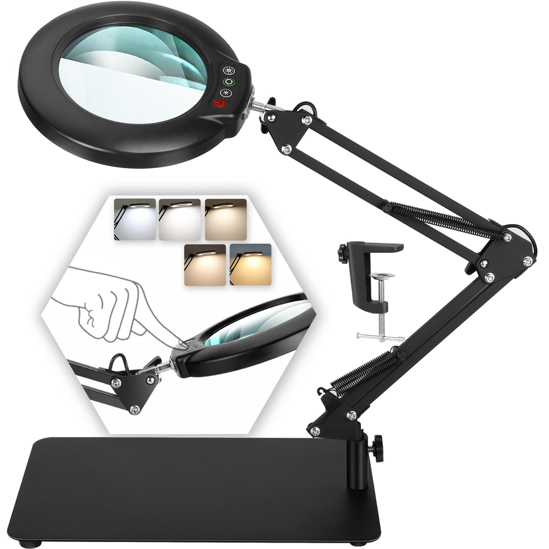 Drdefi 10X Magnifying Glass with Light and Stand, 2-in-1 Magnifying Desk Lamp Rectangular Base & Clamp, 5 Color Modes Stepless D