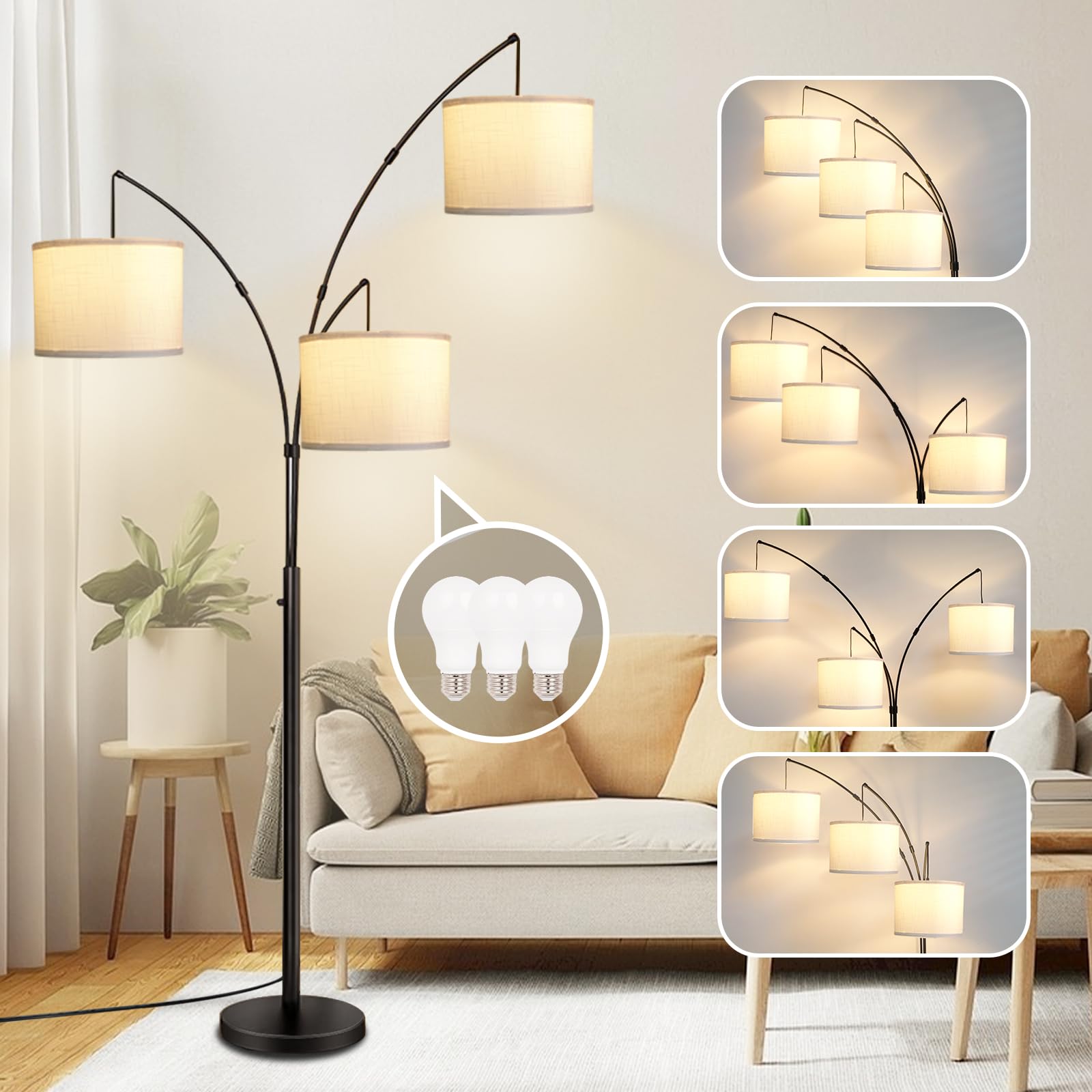 Arc Floor Lamps for Living Room,Modern Mid Century Tall Standing Floor Lamp with Heavy Base for Bedroom Office,3-Light Floor Lam