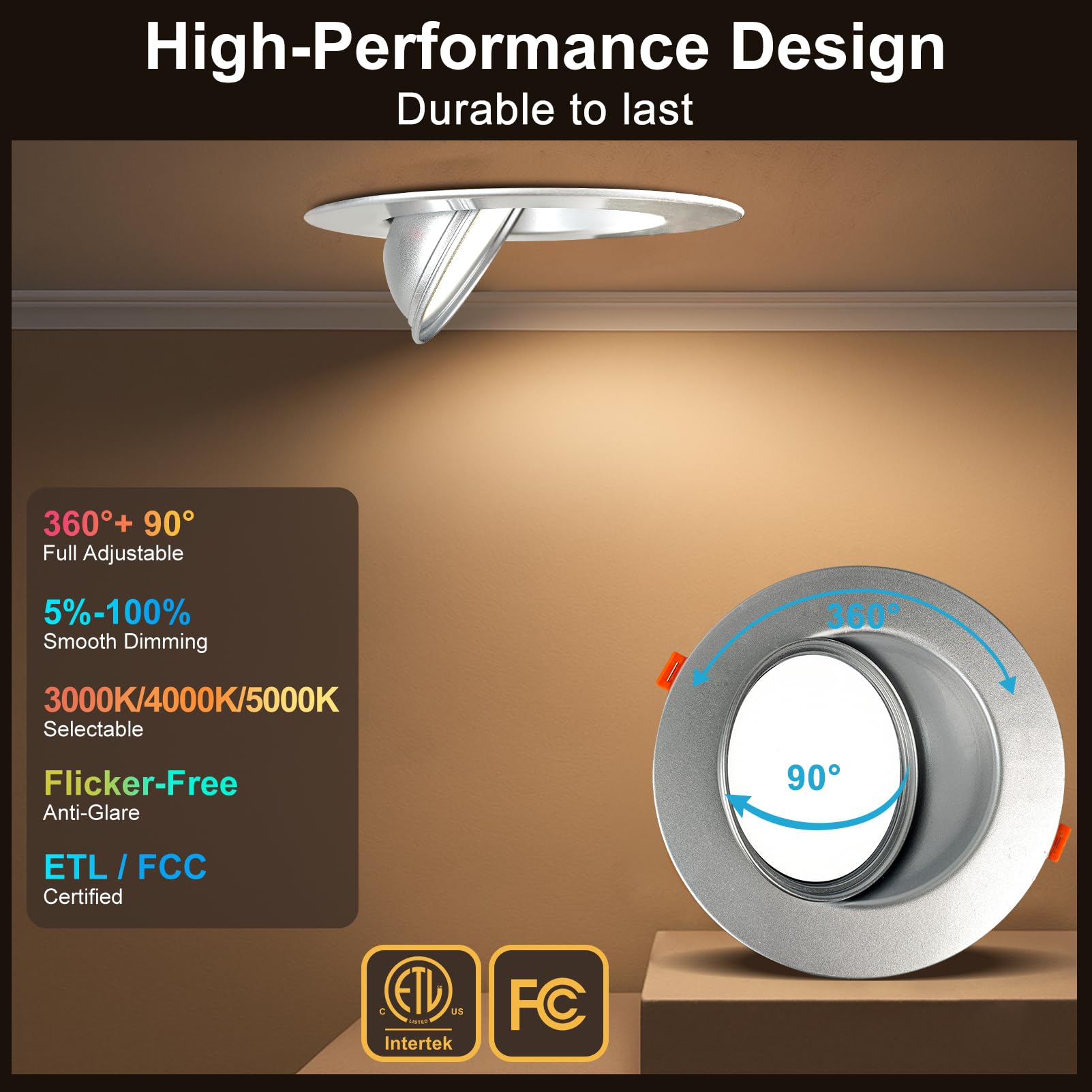 Lightdot 6 Pack 6 Inch Led Gimbal Recessed Lighting  360+90 Adjustable  3Cct Selectable & Dimmable (5%-100%)  1300Lm Ultra Bright Canless Downlight  Etl/Fcc Certified For Living Room/Kitchen-Silver