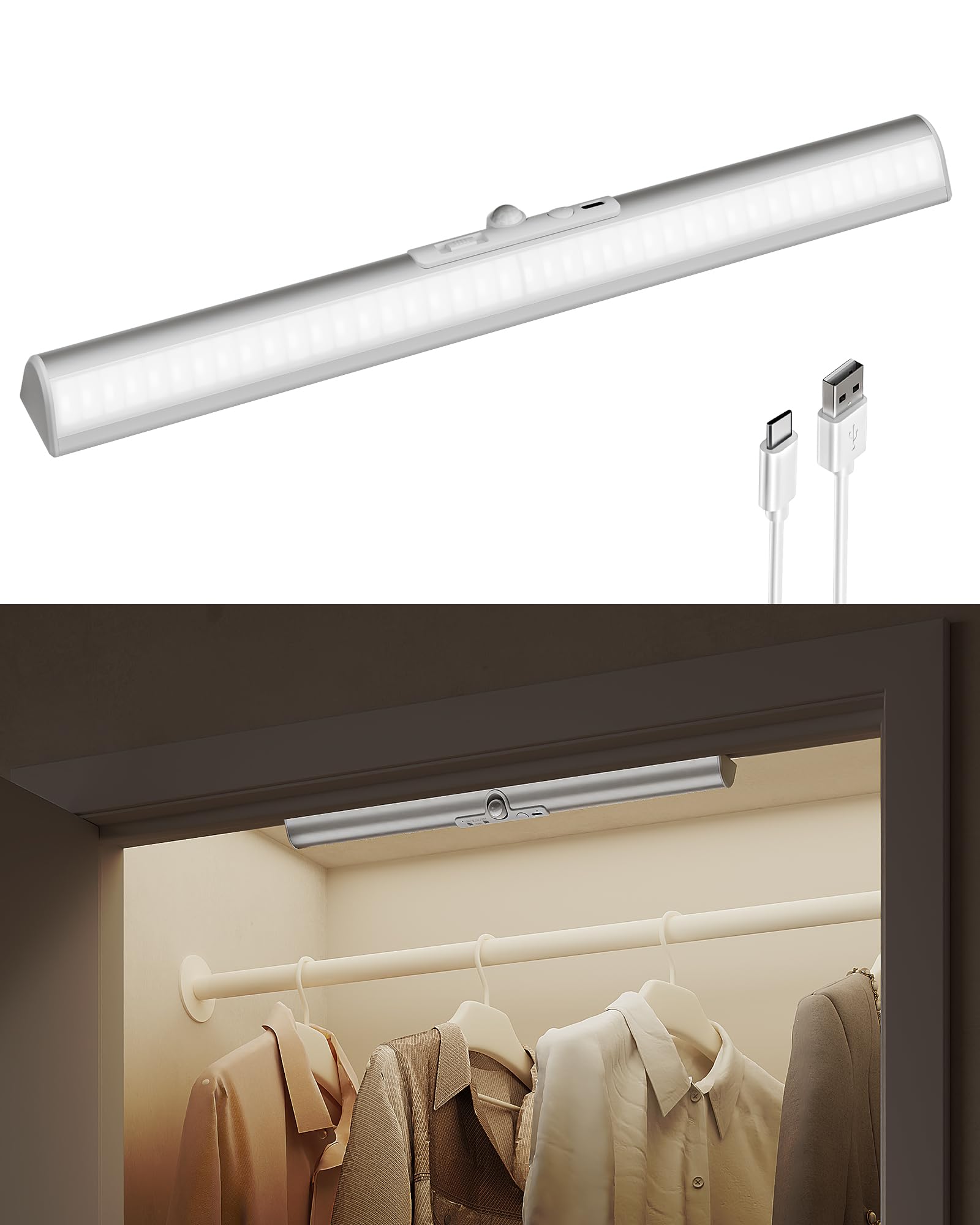 EZVALO 17-Inch LED Motion Sensor Closet Light, Rechargeable 3600mAh Battery, 150 Lumens No-Glare Curved, 3 Color Temperatures & 