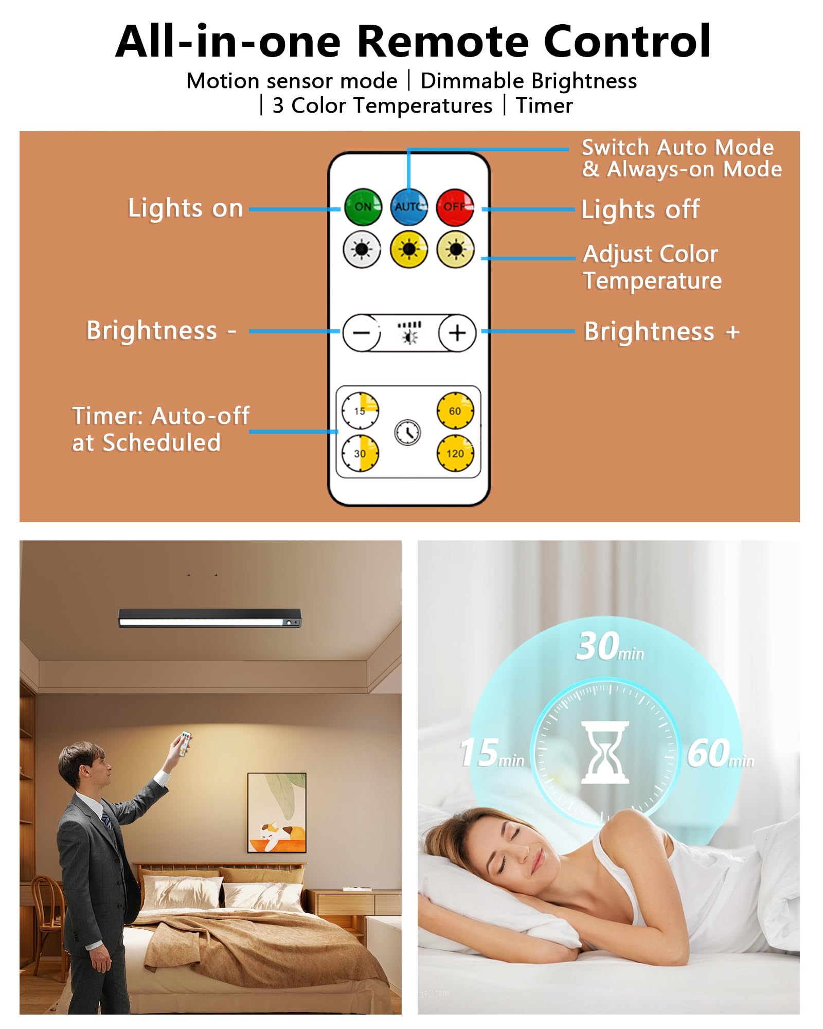 Rechargeable Motion Sensor Ceiling Light, Full Metal Battery Powered Led Closet Light, 3 Color 500Lm Dimmable With Remote & Time