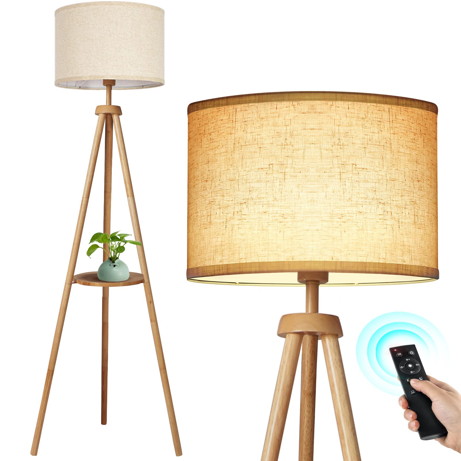 OUTON Wood Tripod Floor Lamp, Mid Century, LED Dimmable, Remote Control, Beige Linen Shade, Model FL09