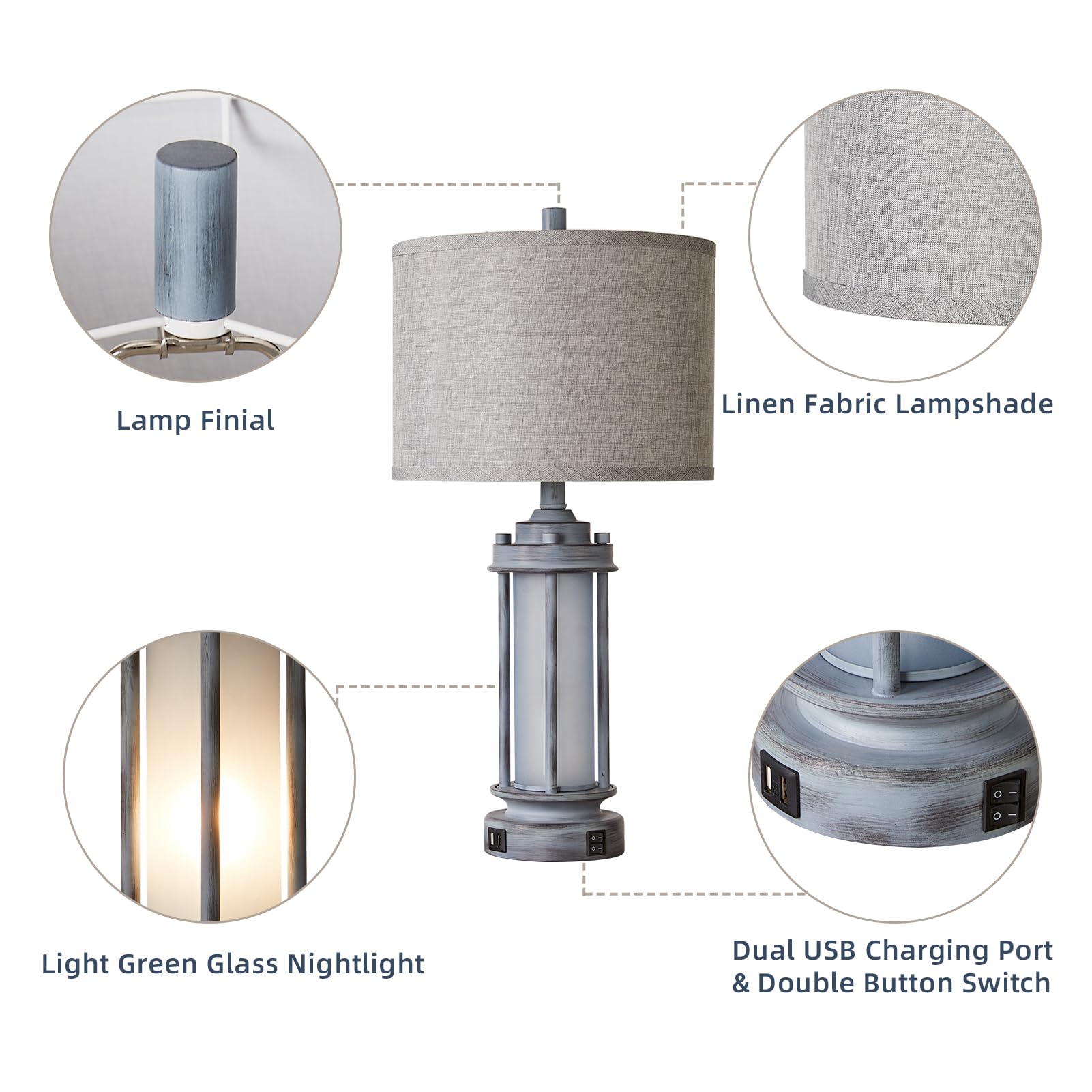 25'' Farmhouse Table Lamp With 2 Usb Charging Ports, Rustic Vintage Nightstand Lamp With Frosted Glass Nightlight, Retro Desk La