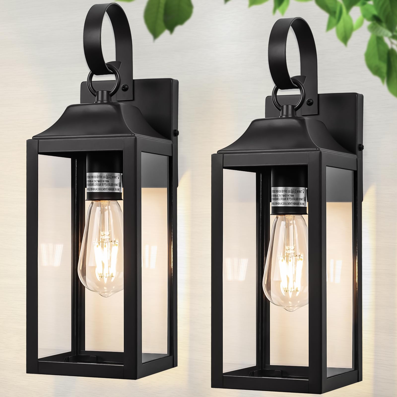 Yolsunes 2 Pack 15&quot; Black Outdoor Wall Sconces, Waterproof Modern Lanterns With Clear Glass