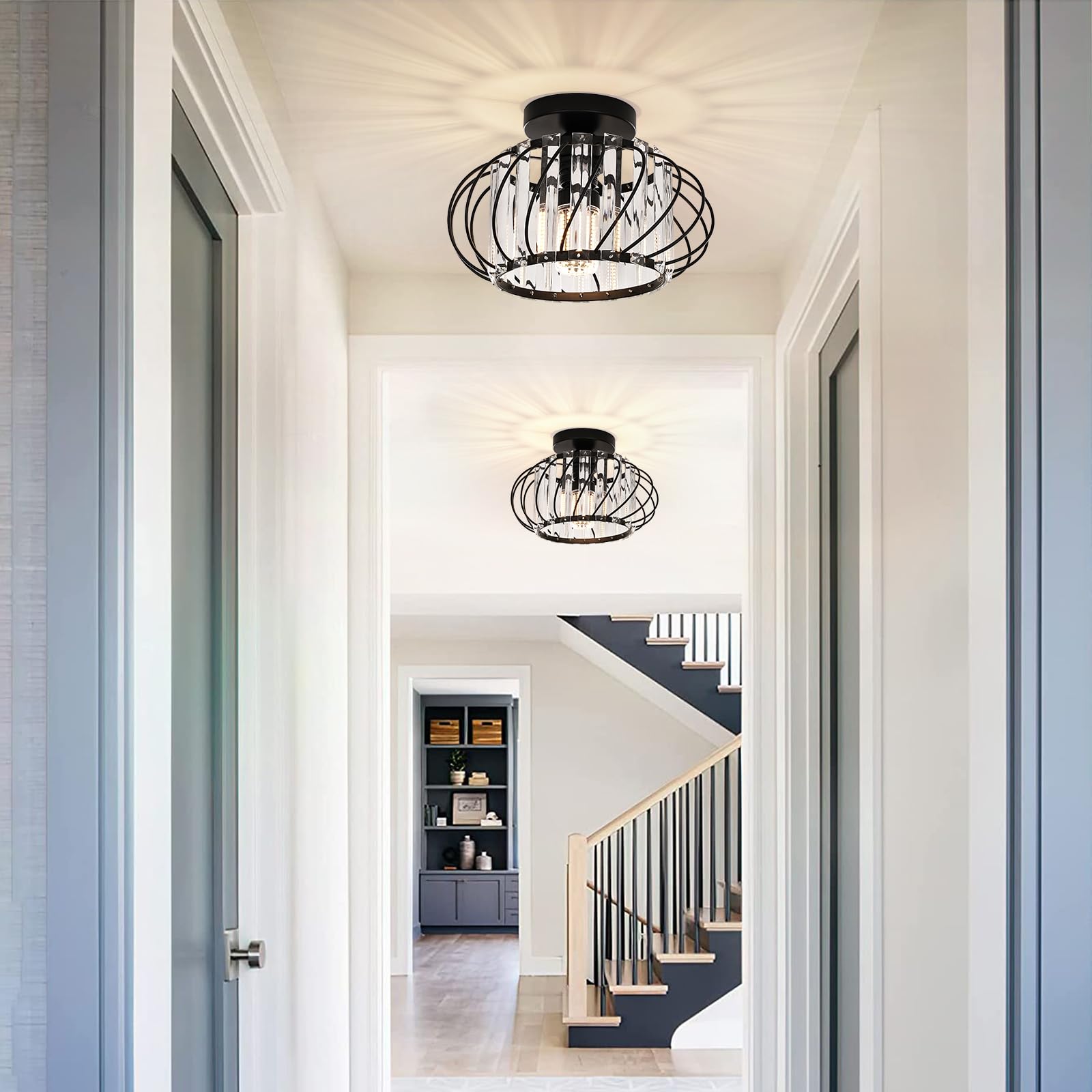 FRIDEKO HOME Semi Flush Mount Ceiling Light - 11-Inch Black Metal Crystal Chandelier for Bedroom Porch Kitchen Entryway, Model L01180-145-28CM-US