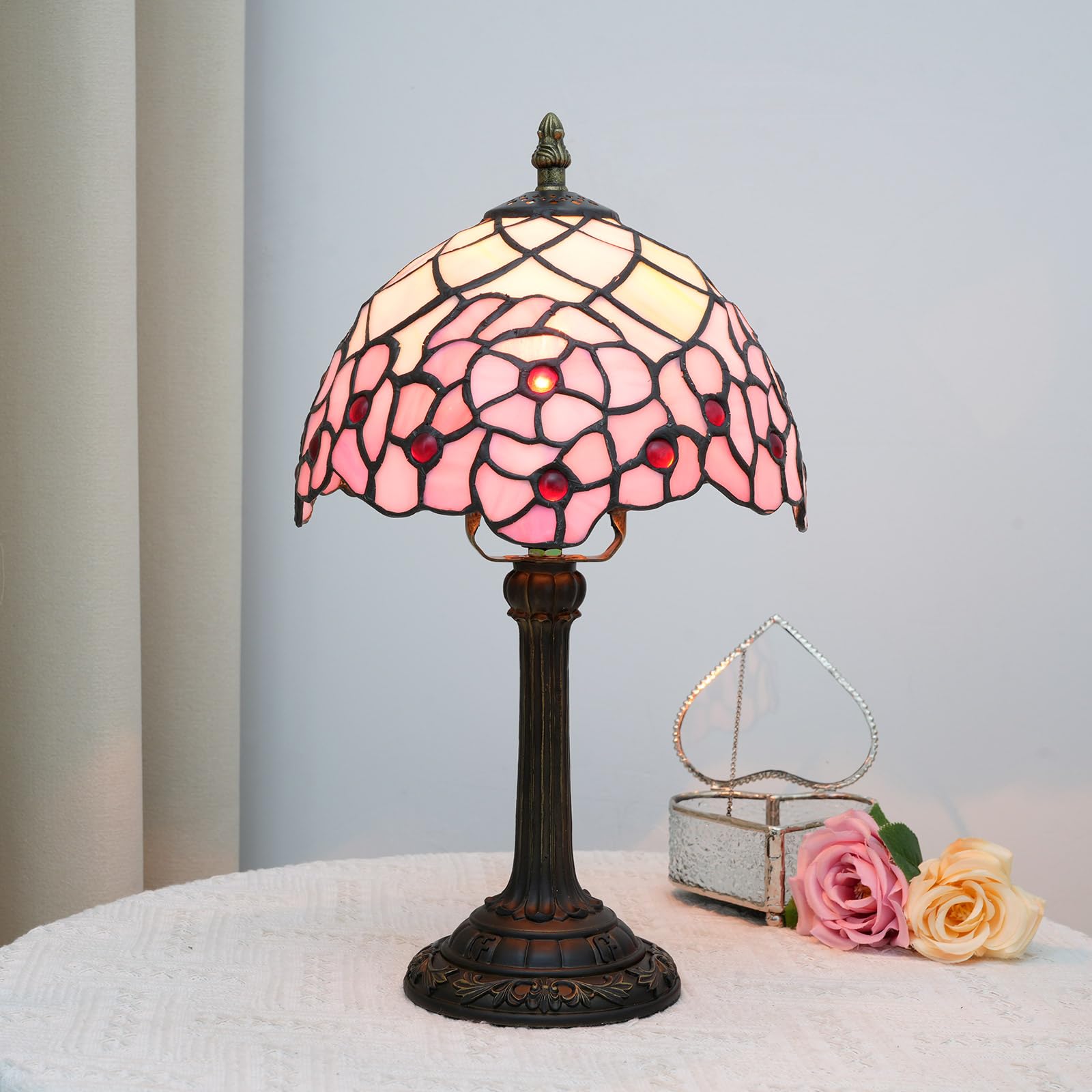 TIFLRIS Pink Cherry Blossom Style Tiffany Stained Glass Small Table lamp Cute and Unique Bedside Table Bedroom Living Room Dinin