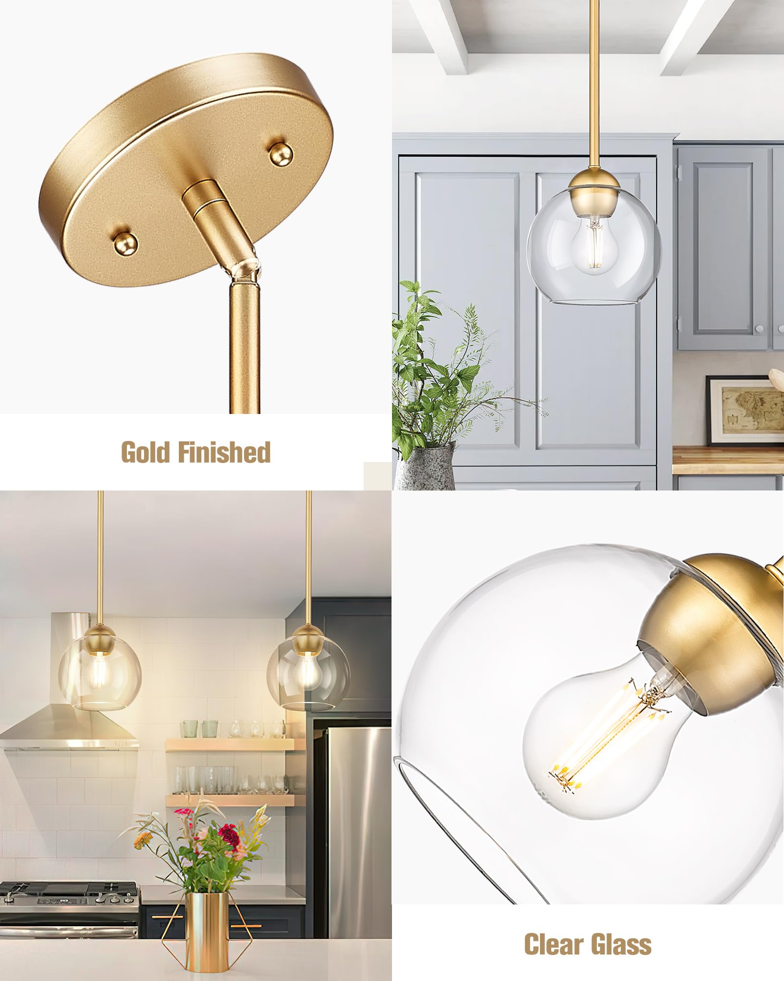 Emak Black And Gold Pendant Light, 7 Inch Globe Glass Pendant Lights Kitchen Island, Modern Hanging Lights For Kitchen, Bathroom