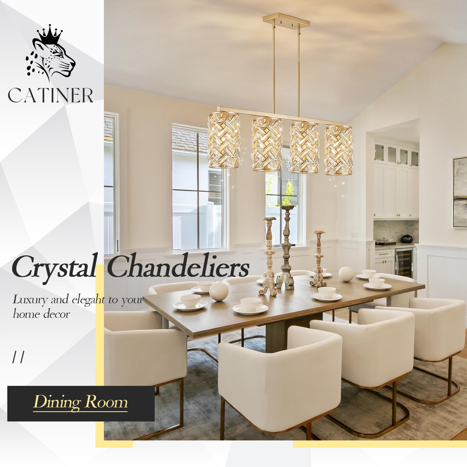 Catiner Gold Crystal Kitchen Island Lighting 40'' Modern Linear Chandelier 4 Lights Ceiling Pendant Light Fixture Luxury For Kit