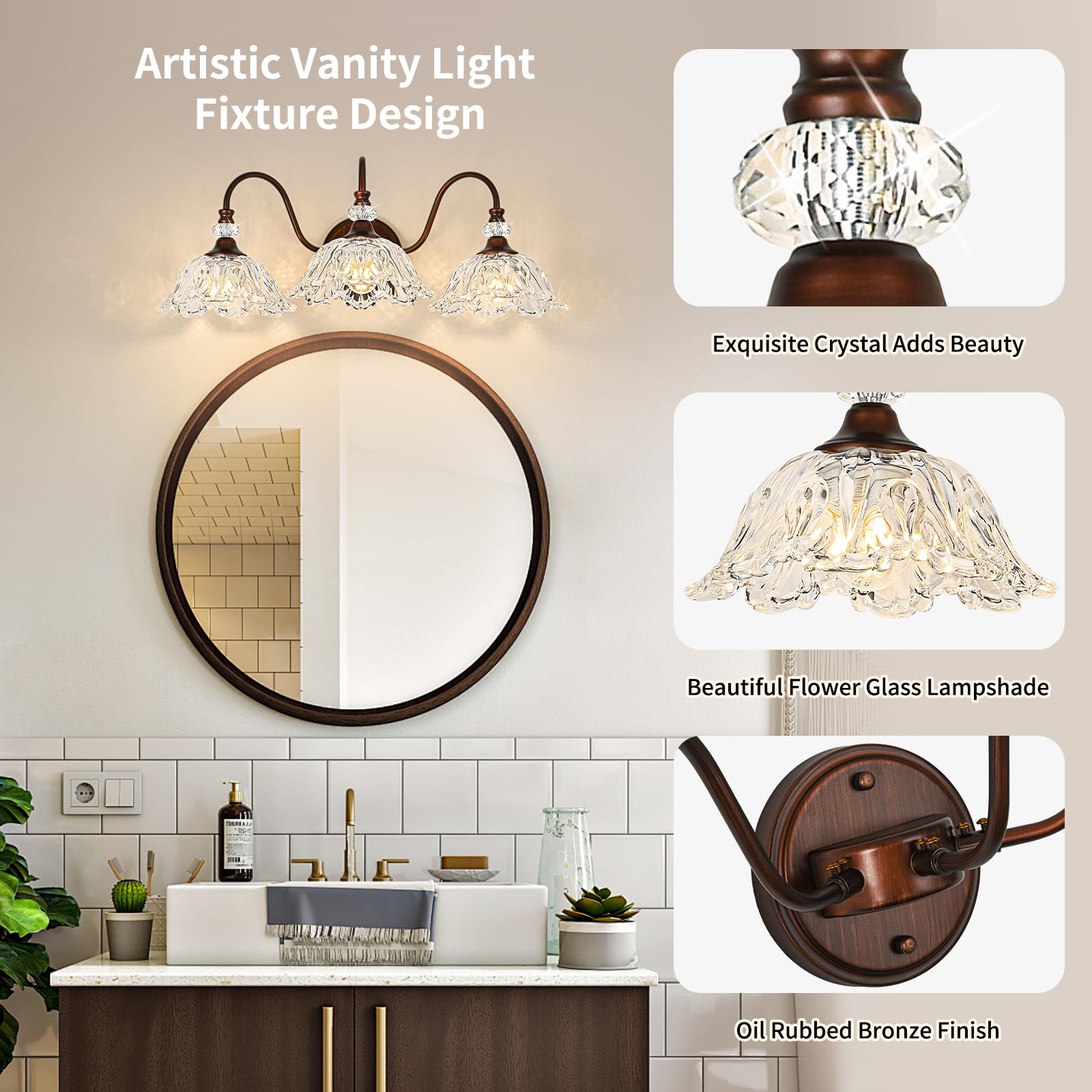 sunkryster 3-Light Vintage Bathroom Vanity Light, Oil-Rubbed Bronze with Floral Clear Glass Shades, Model Sun-104AB-3-ORB