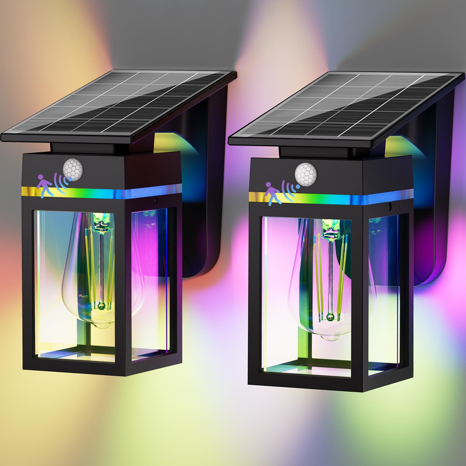 2 Pack RGB Solar Wall Lights Outdoor, Dusk to Dawn & Motion Sensor Porch Light with Lantern Shape, 10 Modes (RGB Cycle/Fixed) IP