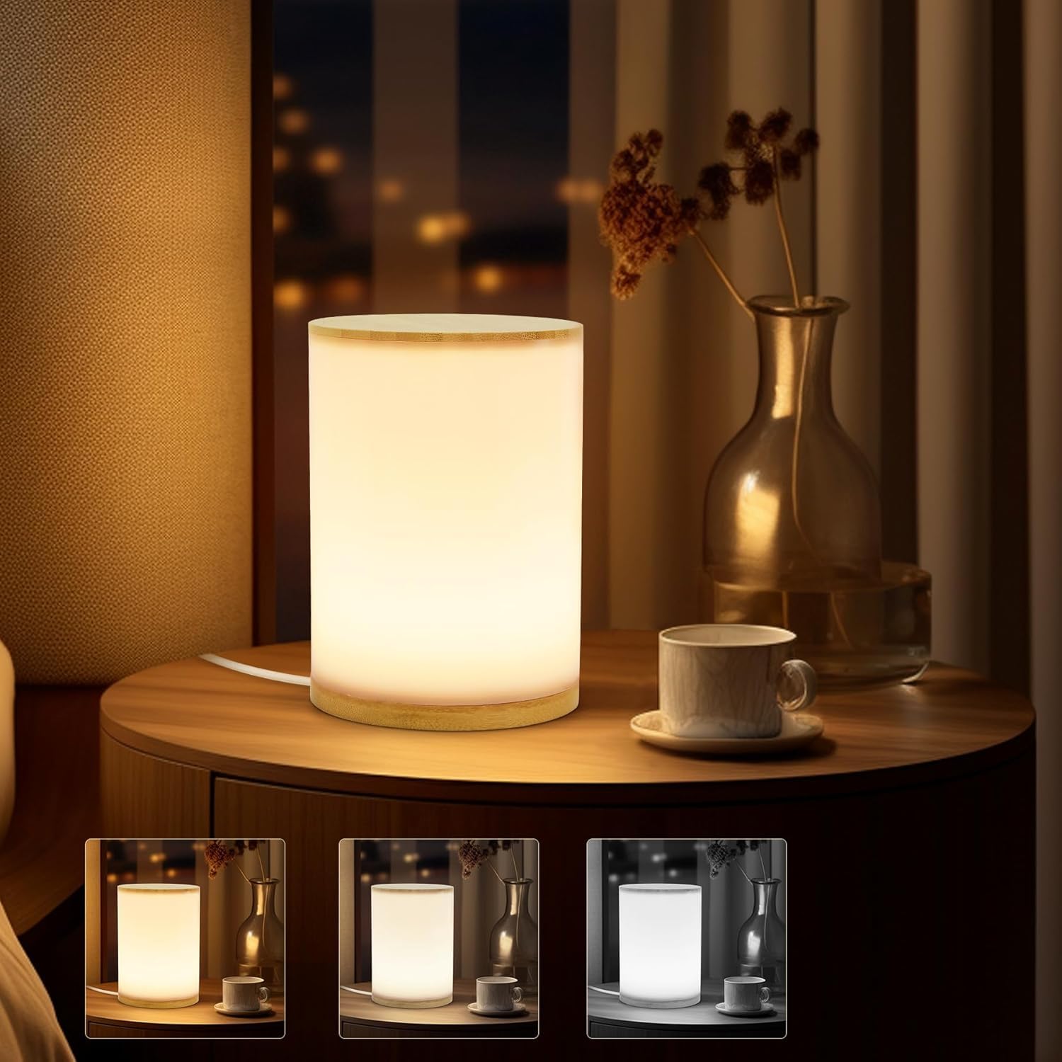 UCHENTON Mini Bamboo Bedside Table Lamp, 10 Brightness Levels, 3 Color Temperatures, Polycarbonate Shade, USB, Cold White/Warm White/White