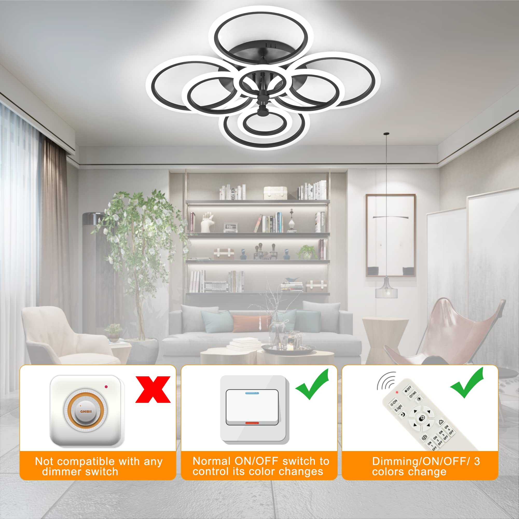 Sjv 8Rings Led Ceiling Light: Dimmable Modern Ceiling Lights Fixture 100W- Black Led Flush Mount Lighting Fixtures Chandeliers For Dining Living Room Bedroom Kitchen 3000K~6500K Change With Remote