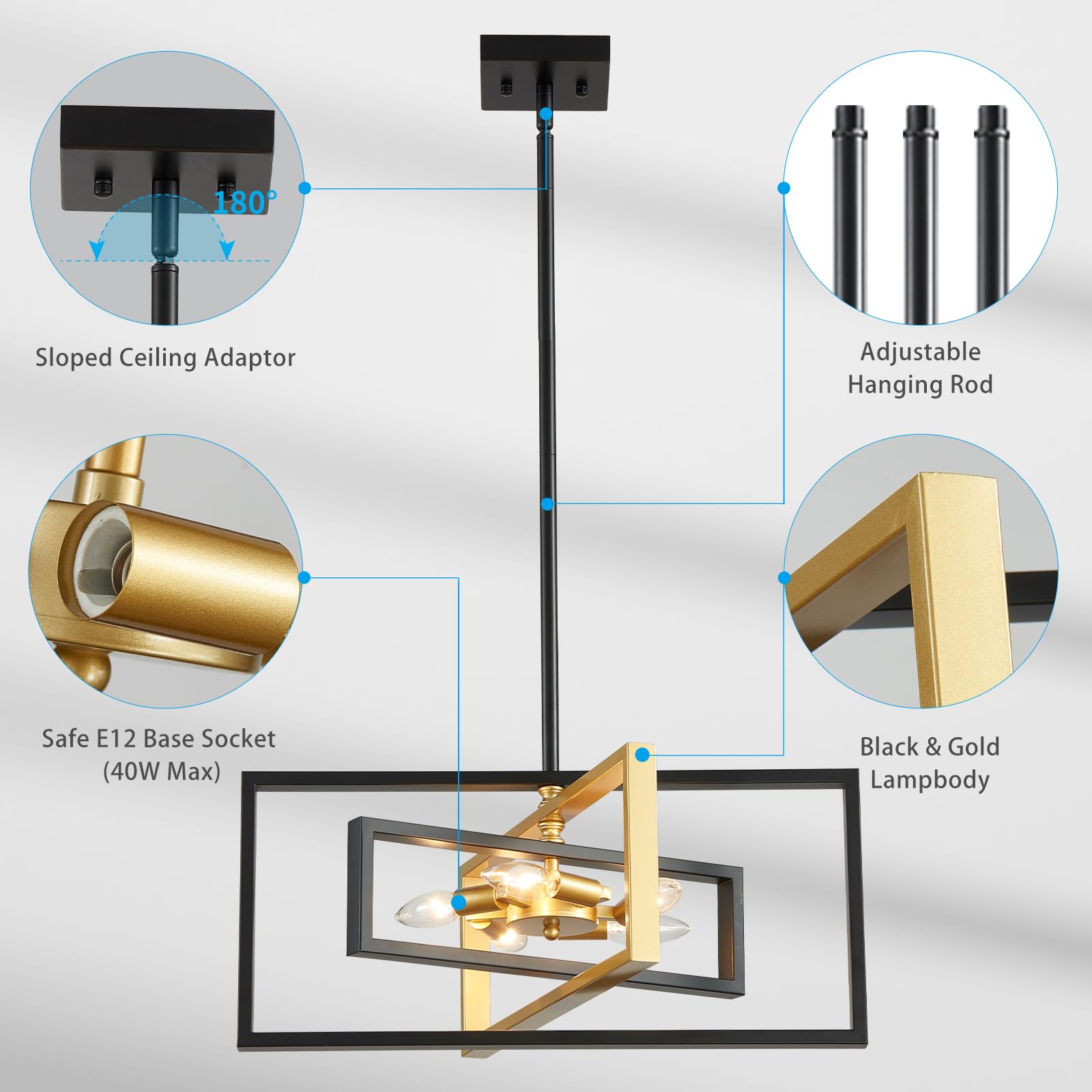 Xingqi Modern 5 Lights Chandelier Black And Gold Geometric Pendant Light Fixture 22'' Semi Flush Mount Ceiling Lights For Dining