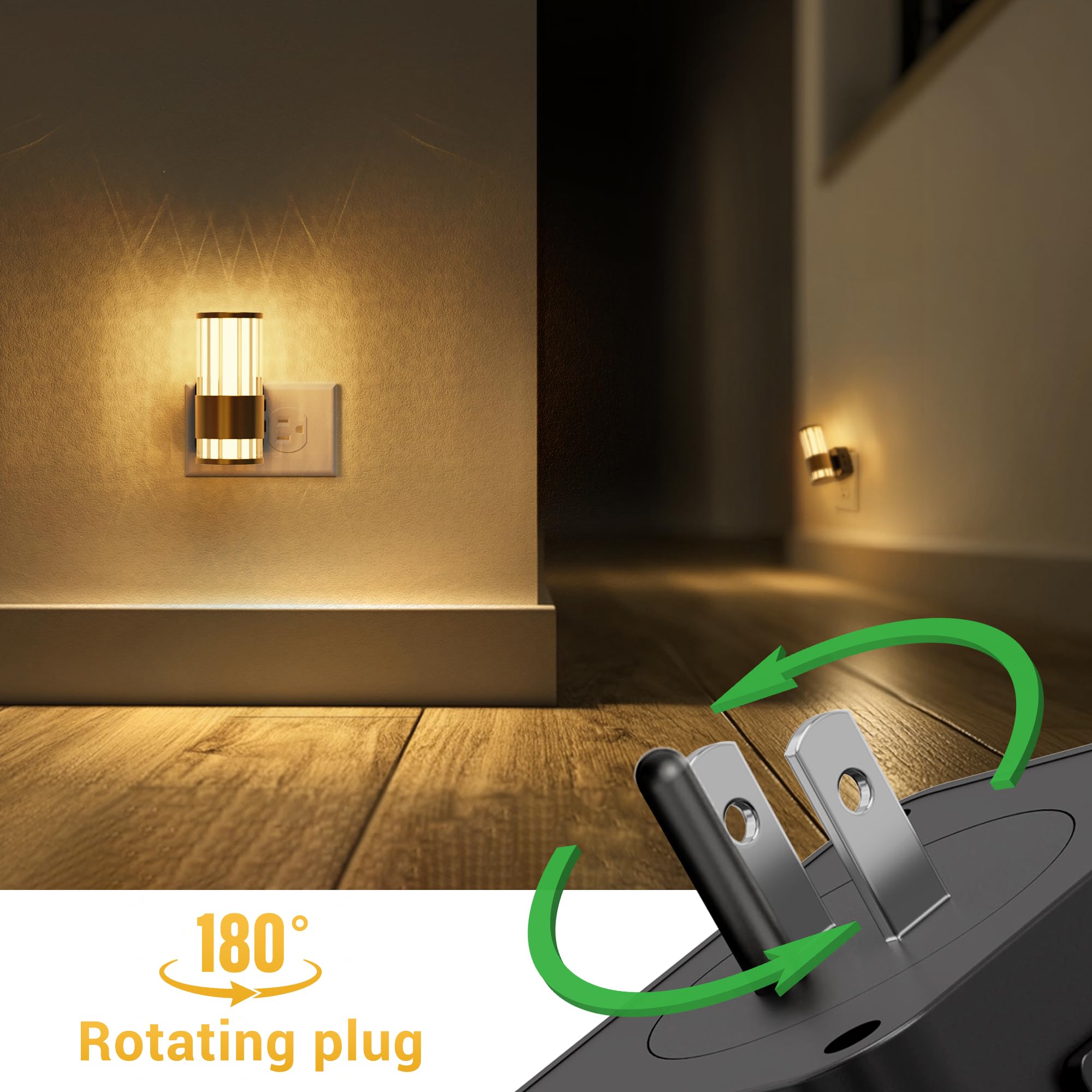 L LOHAS LED Night Light, Dimmable Plug-in with Auto Light Sensor, 0-100LM, 2 Pack, Gold Ring-3000K Stripe, Model A-GY22502