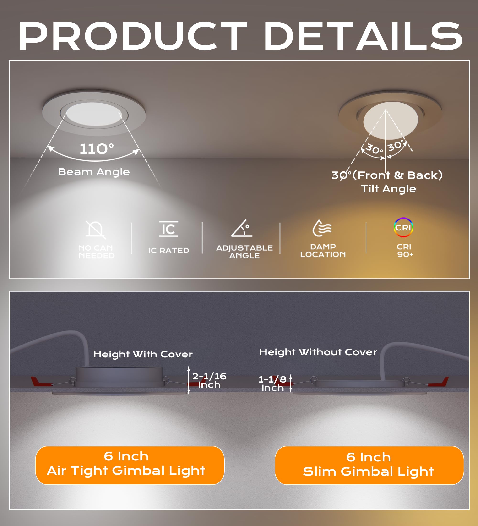 CLOUDY BAY 15W 6" LED Gimbal Recessed Light, 5 Color Temperature Selectable, IC Rated, Metal, Pack of 4