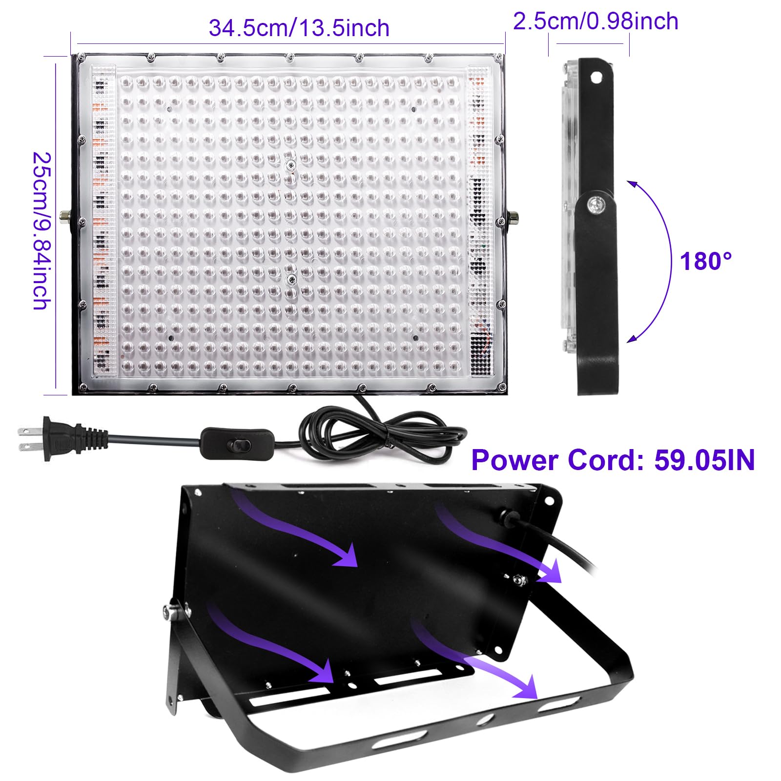 Indmird 300W Black Light Flood Light with Plug & Switch for Parties, Halloween & Stage Lighting - Aluminum, Black