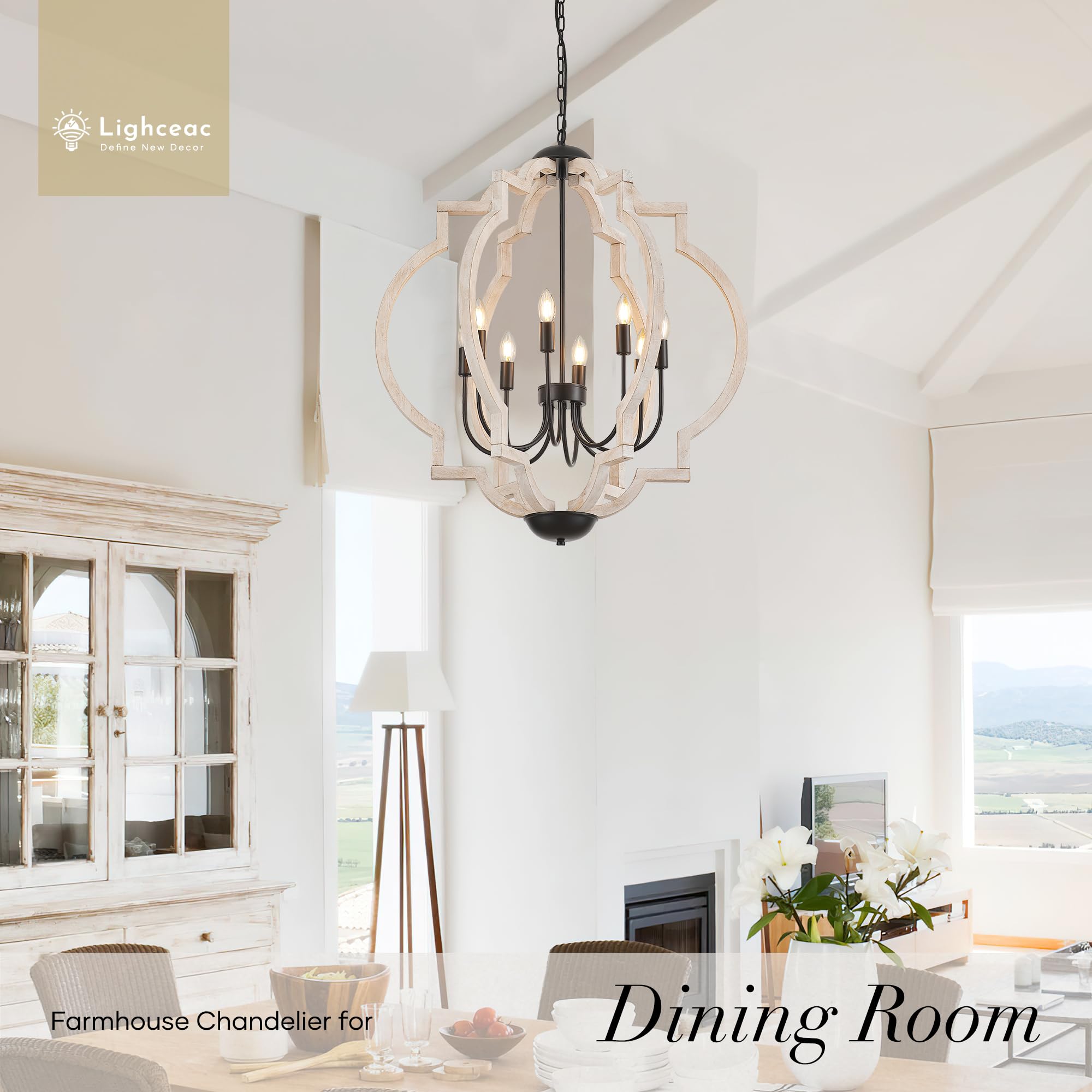 lighceac 8-Light Farmhouse Orb Chandelier, Distressed White Wood, 30.5" Pendant Light for Dining Room, Kitchen, Bedroom, Model LX-2120-8