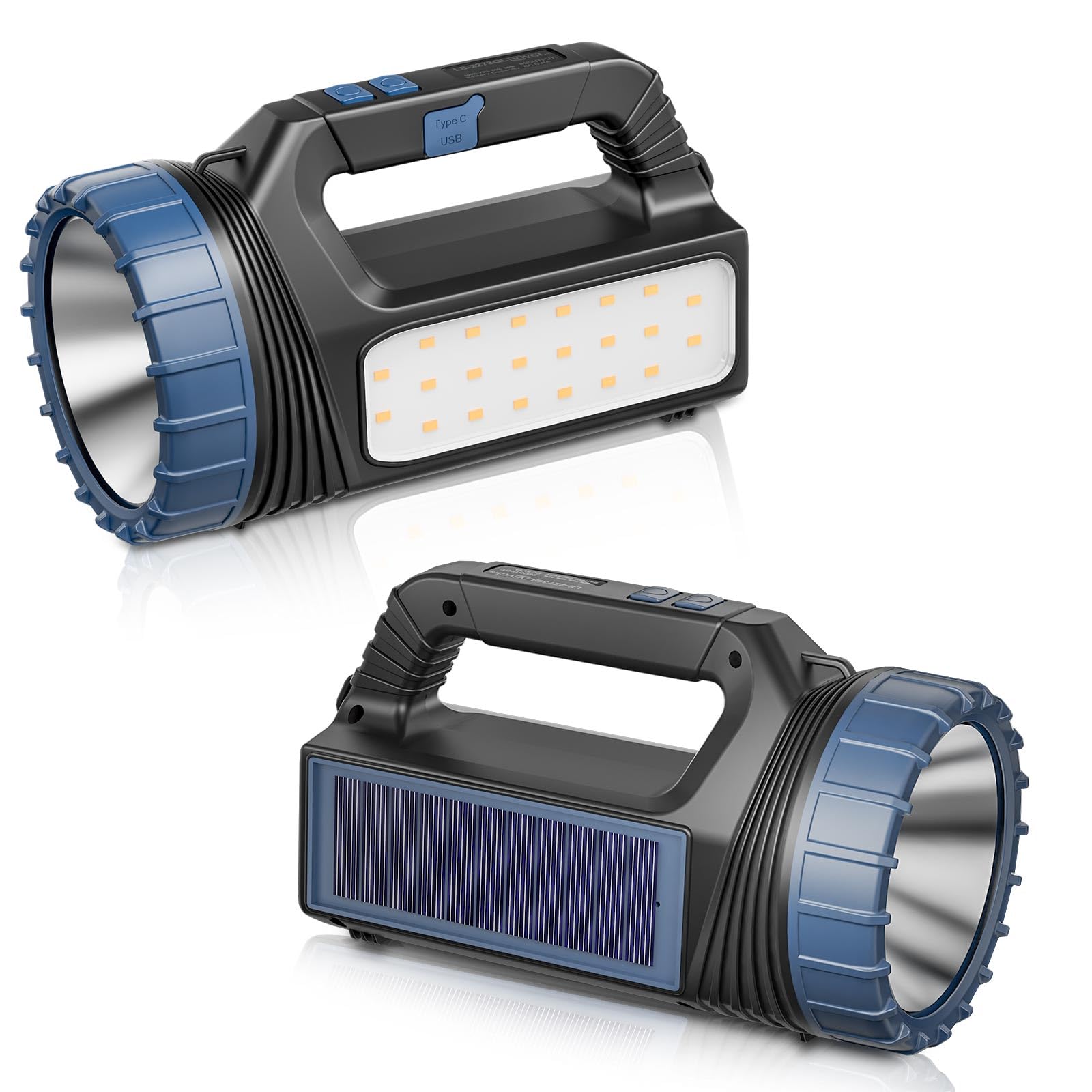 E-Shidai Solar Flashlights, 8000 Lumens Led, Usb C, 2Pcs, Black, Model Ls-2273, Multi-Function With Emergency Strobe Light