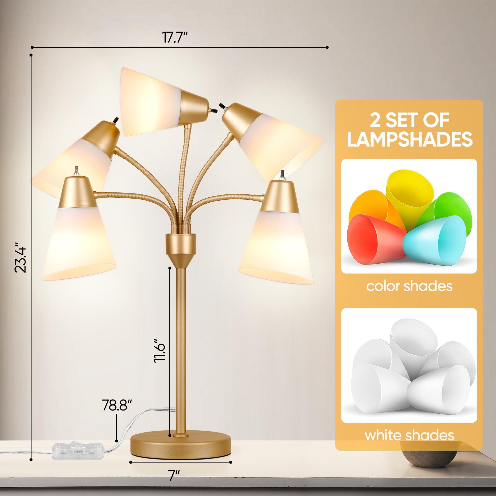 Medusa Led Table Lamp For Bedroom, Multi Head 5 Shade Modern Bedside Lamps, Arm-Adjustable Lamp For Night Stands, Desk Lamp With