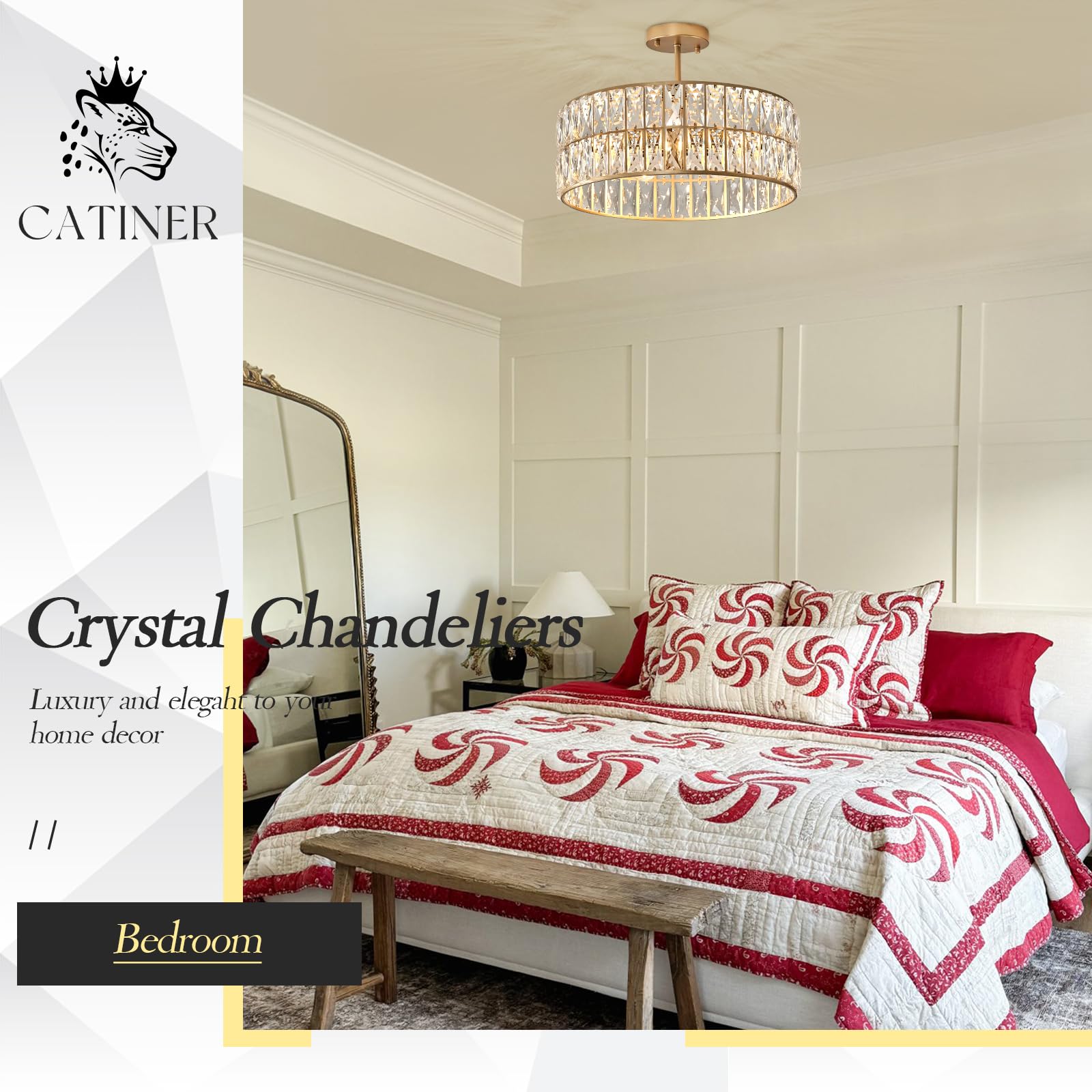 CATINER Modern Crystal Chandelier, 18" Large Gold Semi Flush Mount, Elegant Lighting for Dining Room, Foyer, Bedroom, Model C80