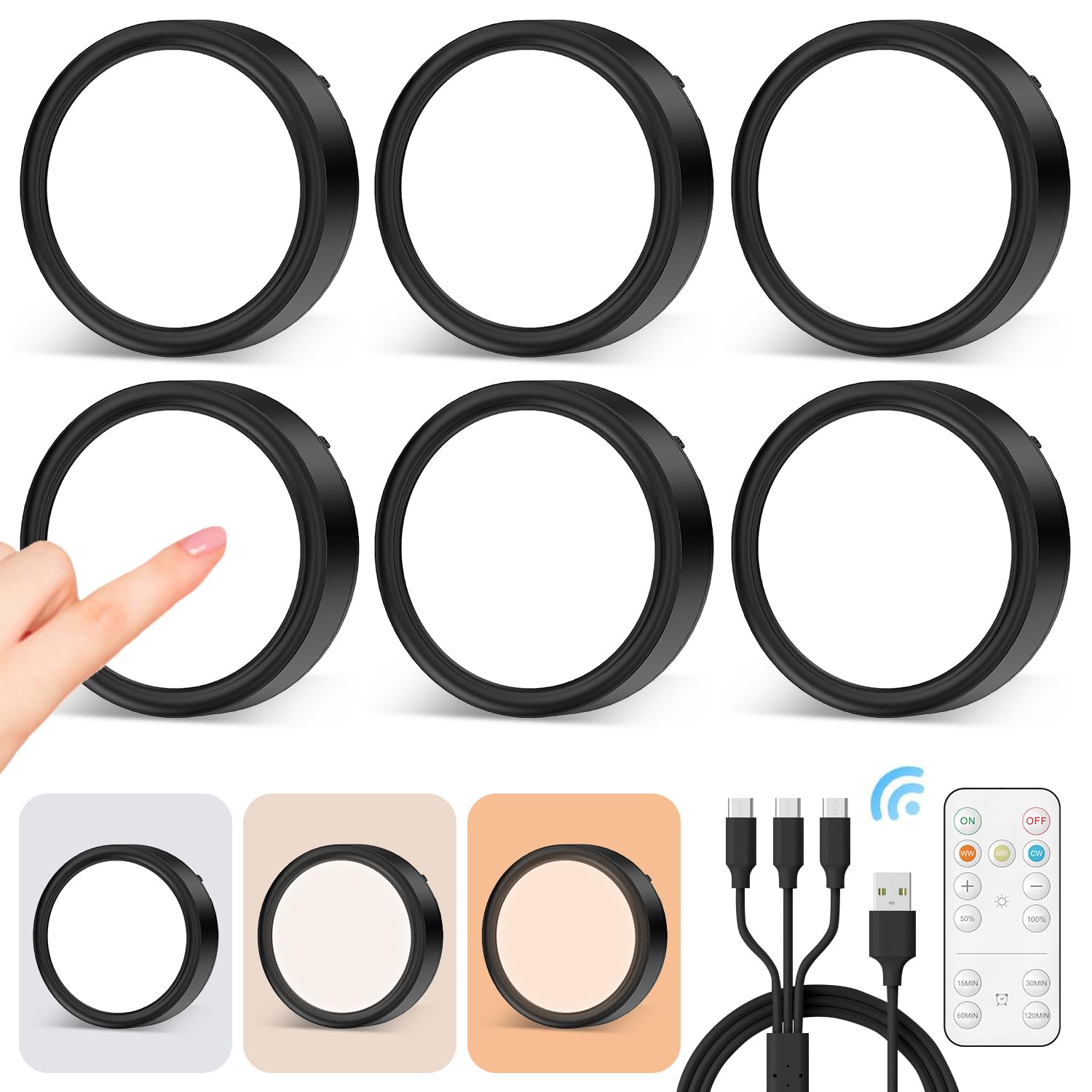 Led Puck Lights Rechargeable With Remote, Black Stick On Lights For Closet Battery Operated Push Button Light Magnetic Under Cabinet Tap Lights Usb Bookshelf Light Wireless Kitchen Counter Touch Light