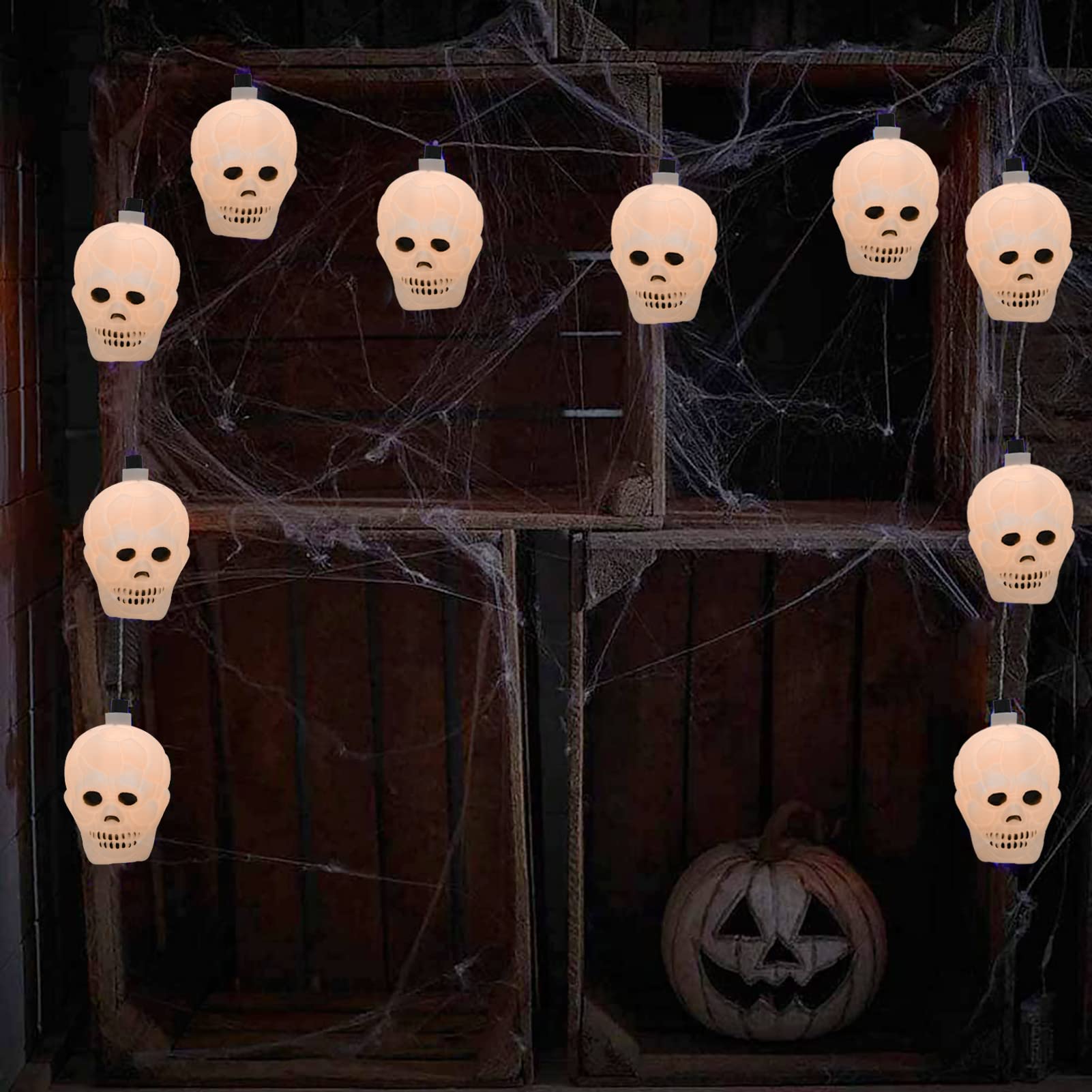 Doratale Halloween Skull String Lights, 8.5Ft, Plastic, 10 Ghost Heads, Connectable, Black Wire