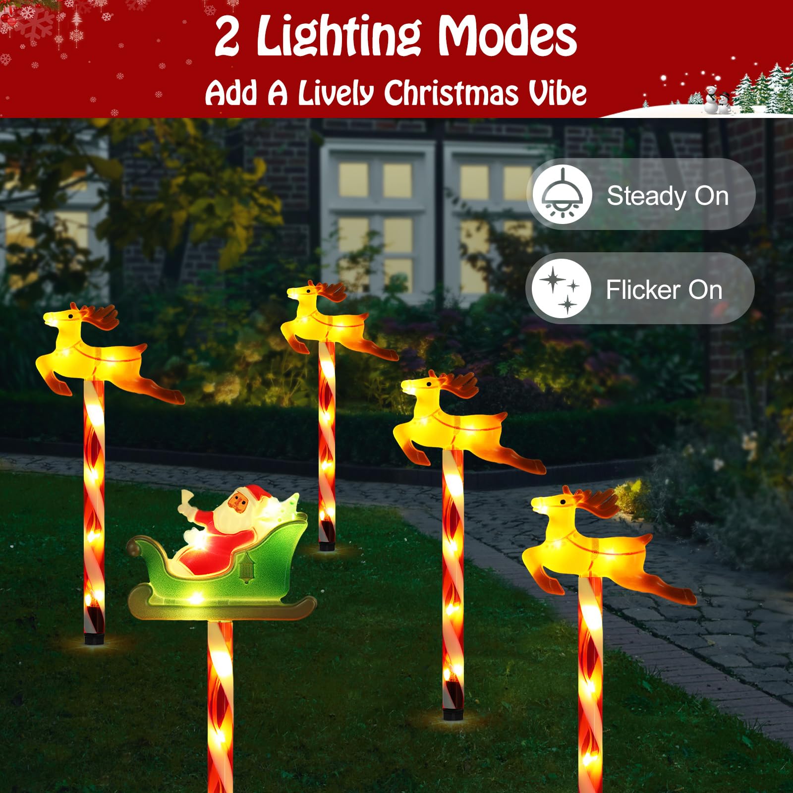 Lewondr Solar Christmas Pathway Lights, 5 Pack, Warm Light, Santa Claus & Reindeer, Waterproof Garden Decor, Model HD250058