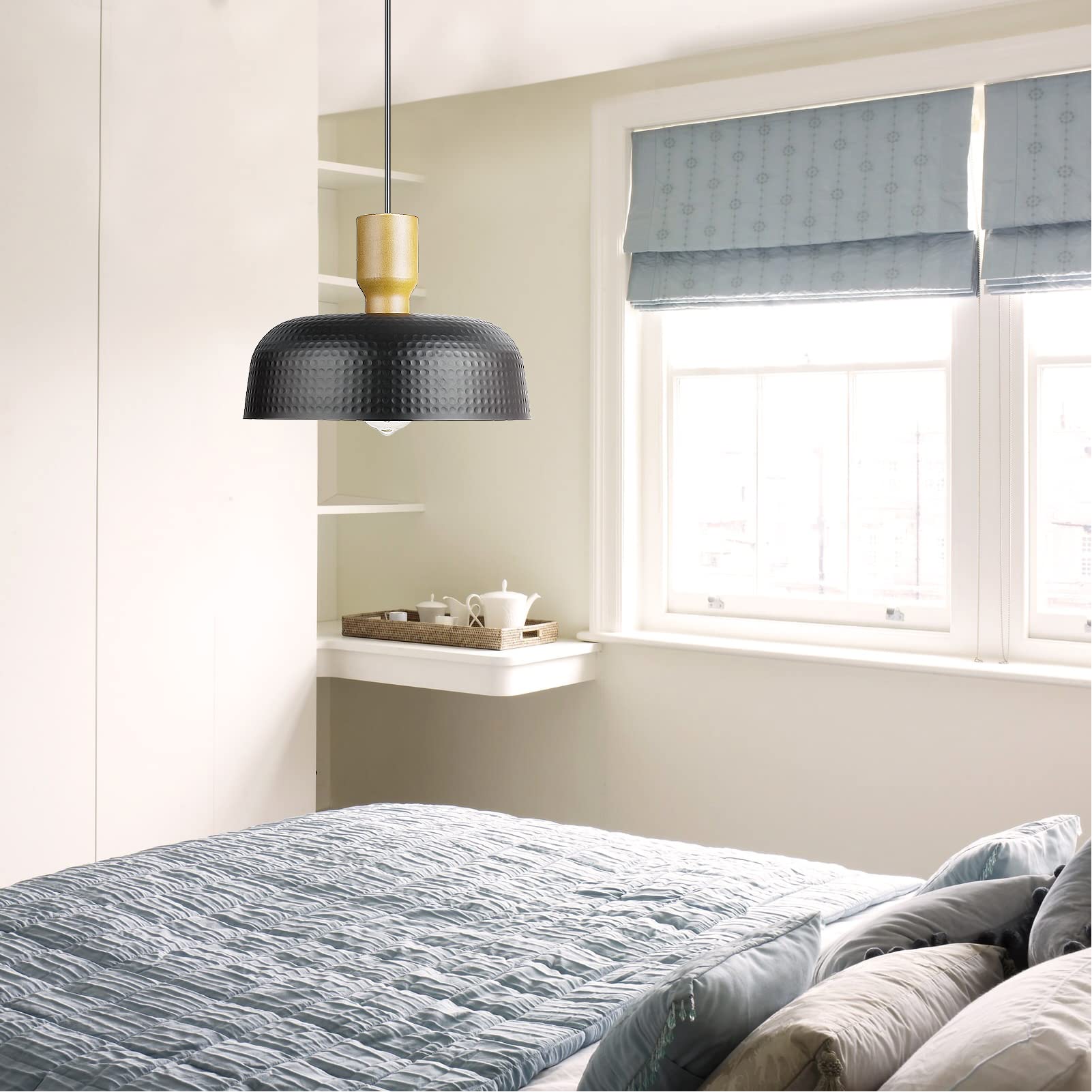 Darkaway Industrial Pendant Light - Hammered Metal Shade, Medium 2 Pack, Black, Adjustable Height, Model 6G10H-2PK BK