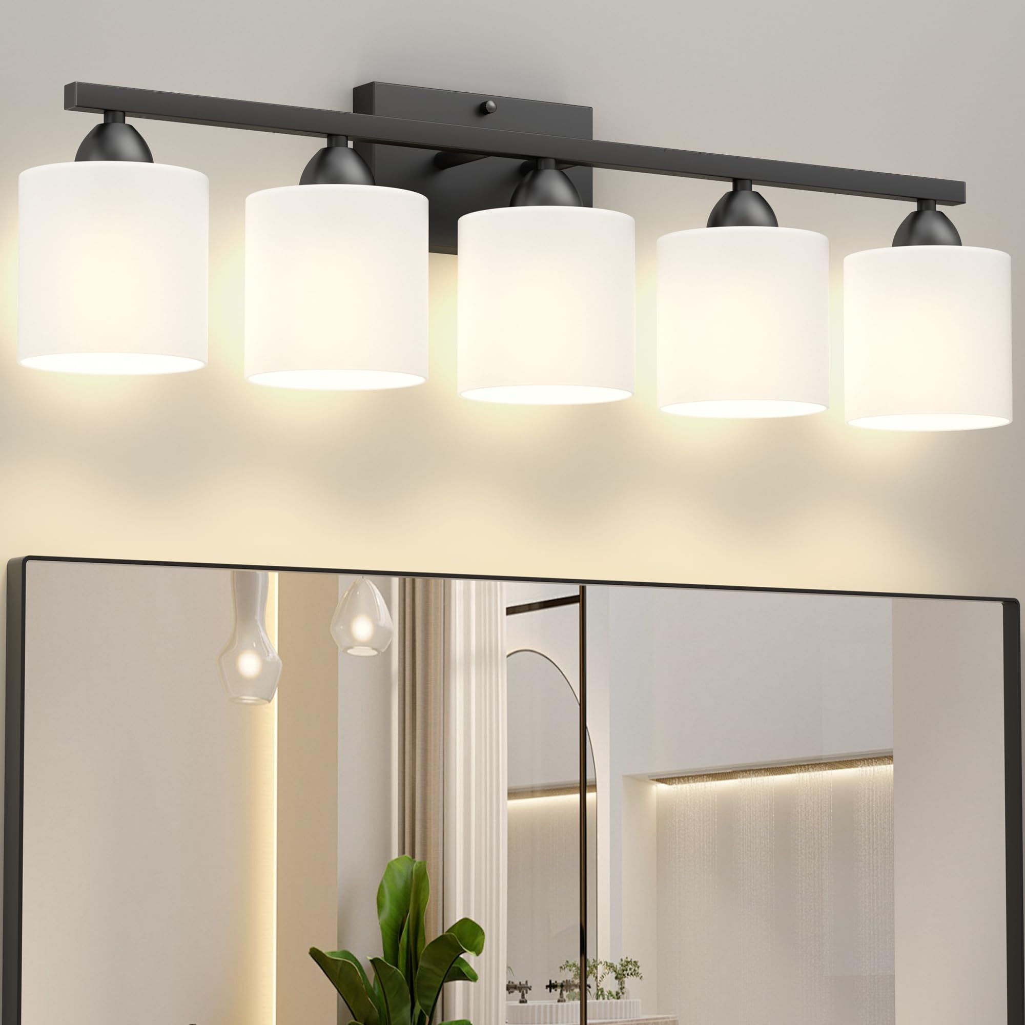 Dekang Bathroom Black Lighting Fixtures Over Mirror, Anti-Rust 5-Light Bathroom Vanity Lights,Milky White Glass Shades