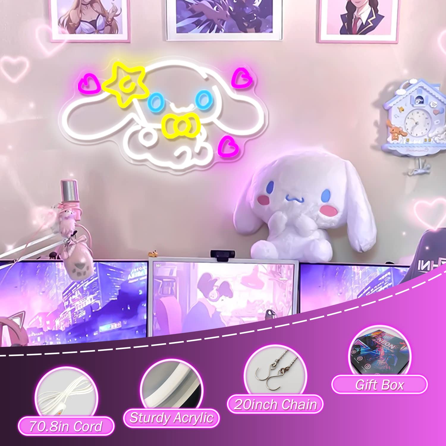 Ovoninn Anime Neon Sign - Dimmable Led Wall Decor For Bedroom & Kids - Multicolor Cute Night Light