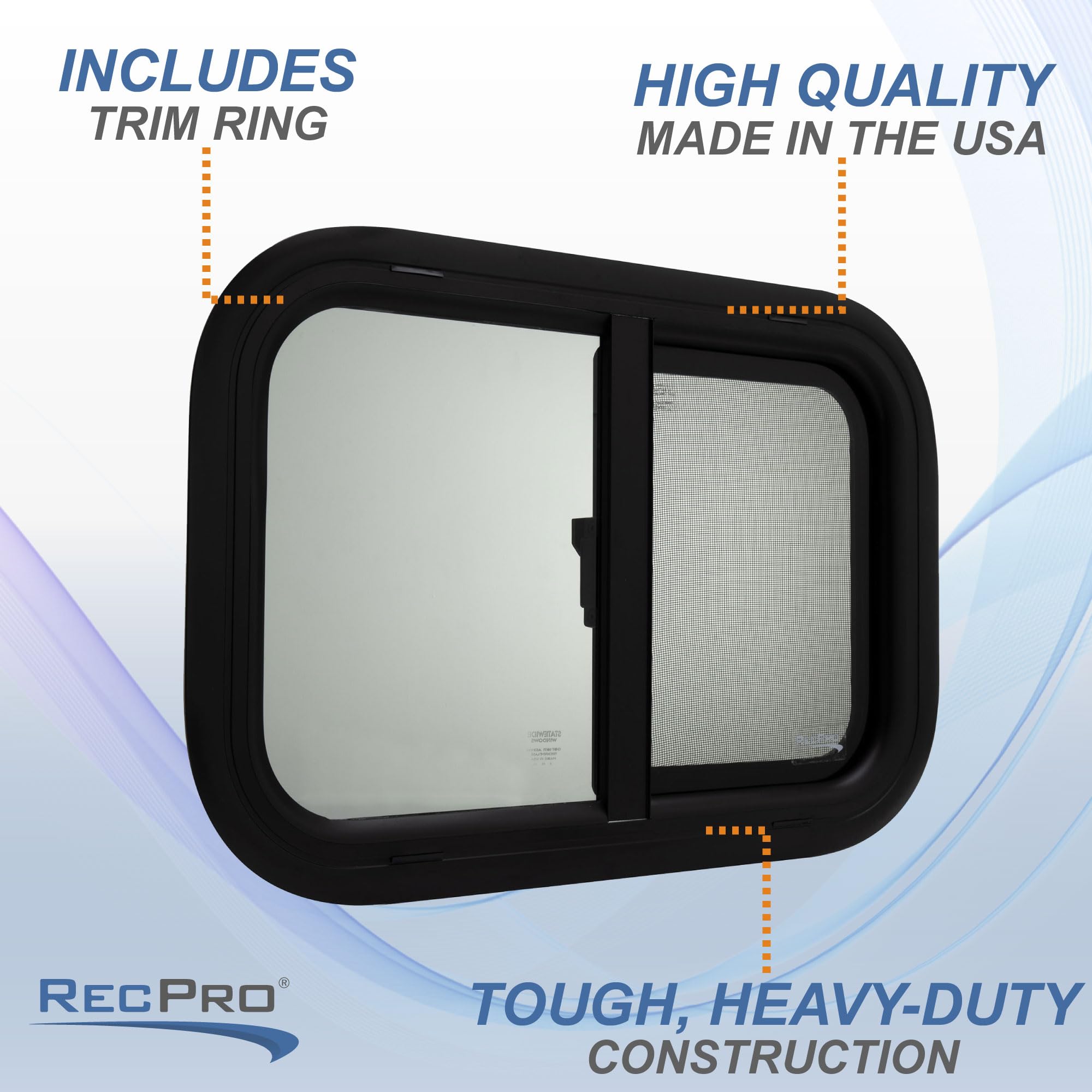 RecPro RV Window Replacement - Teardrop Style, Horizontal Sliding, 21inW x 14inH, Black, Model RP-WIN, Made in USA