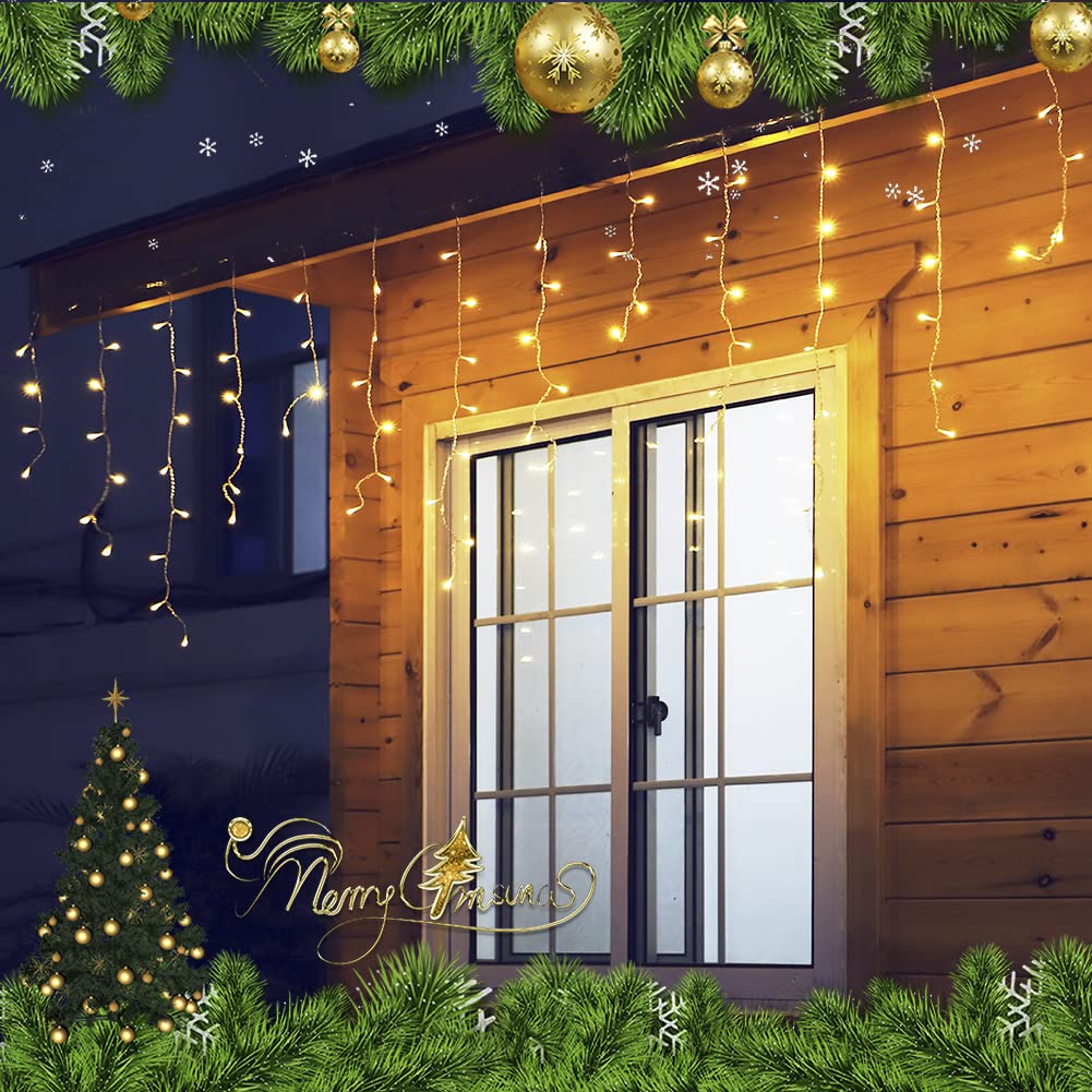 Qunlight 300L Led Icicle Lights, Warm White Window Curtain Lights,8 Modes With 30V Plug In For Wedding, Party, Bedroom, Home, Garden, Outdoor, Indoor Wall,Christmas Decorations,Connectable(Warm White)