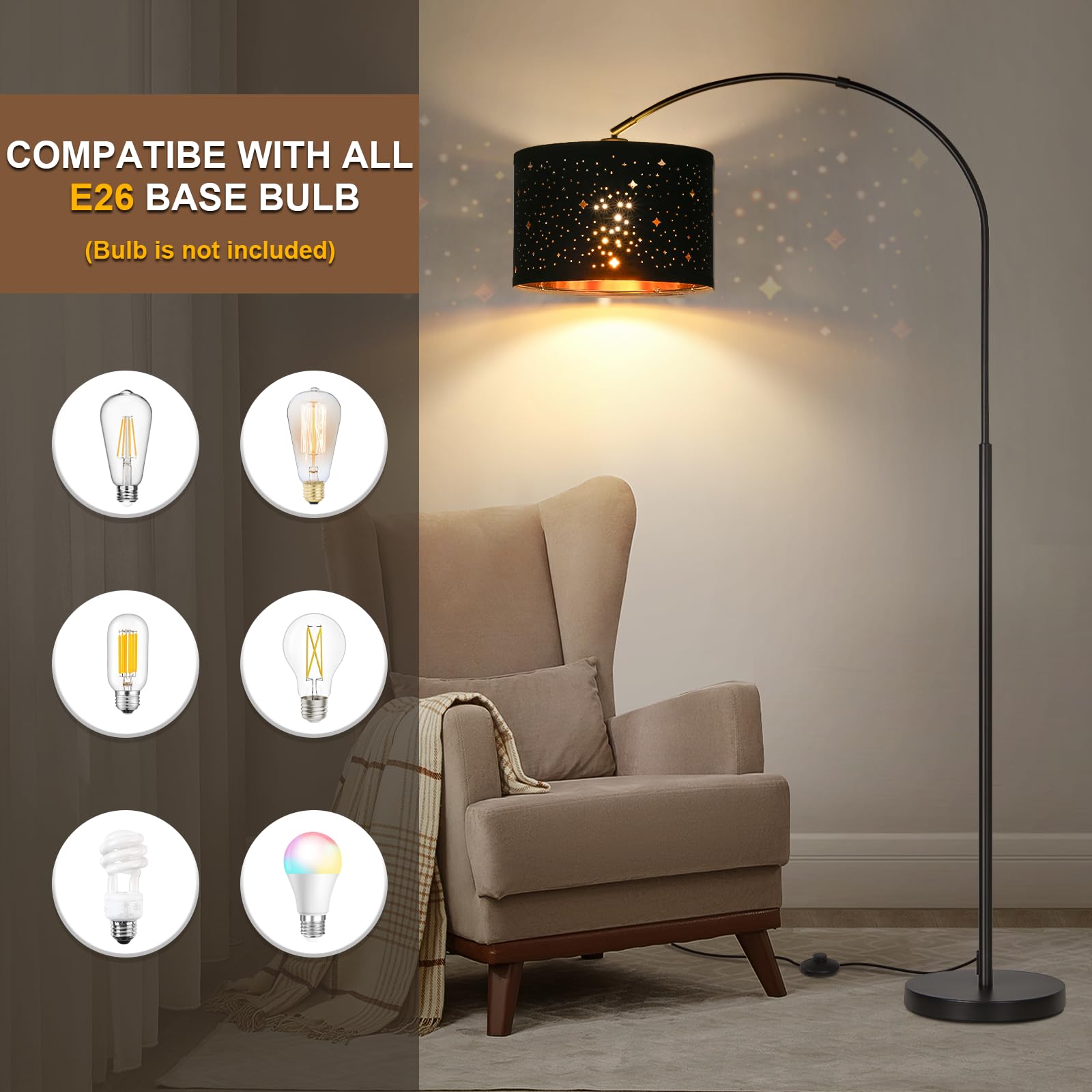 Modern Arc Floor Lamp, Tall Pole Lamp With Black Stars Lampshade, Arched Reading Light With Adjustable Lamp Head, Over Couch Han