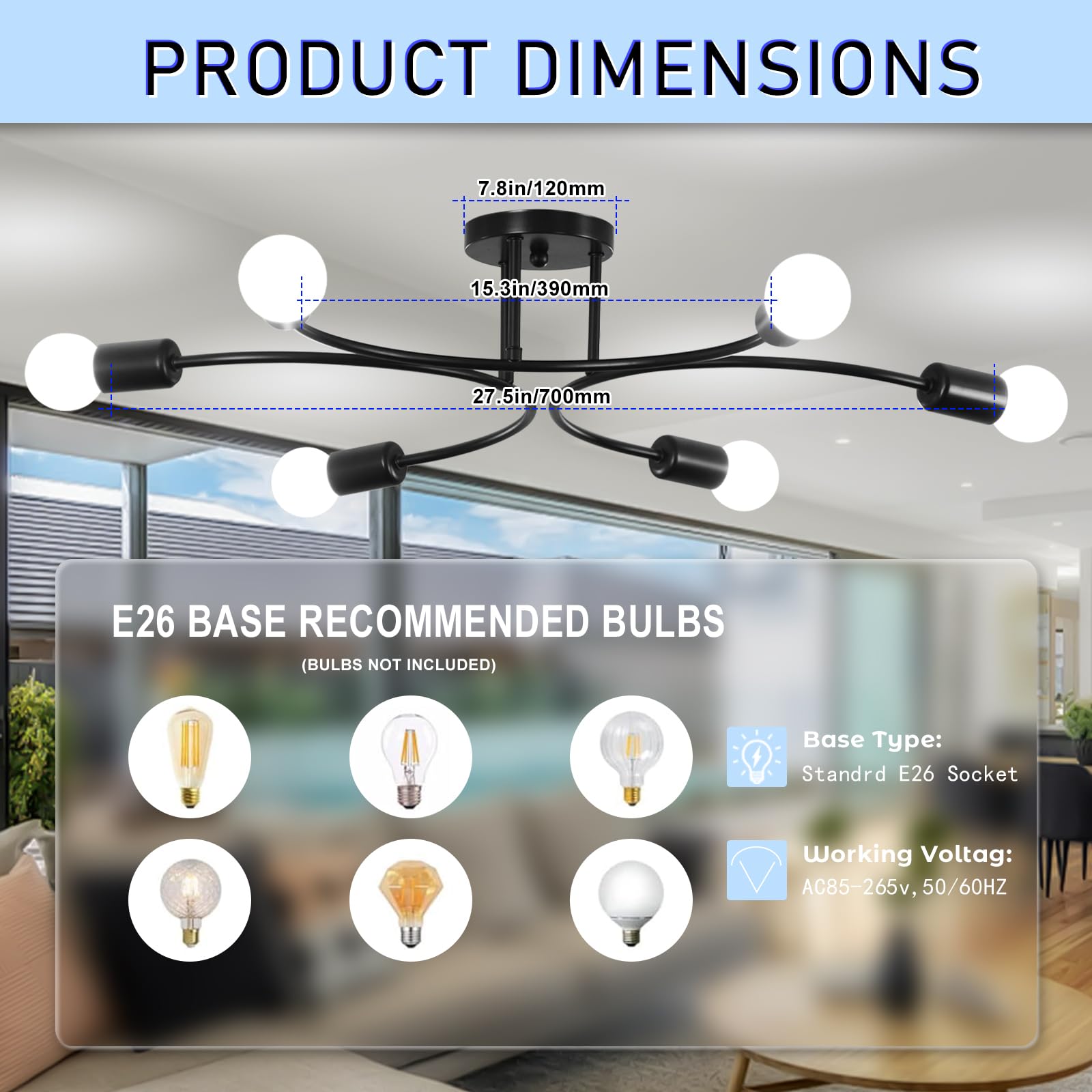 Frixchur Modern Semi Flush Mount Ceiling Light Fixture 6-Lights Sputnik Chandelier Light Black And Gold Close To Ceiling Light F