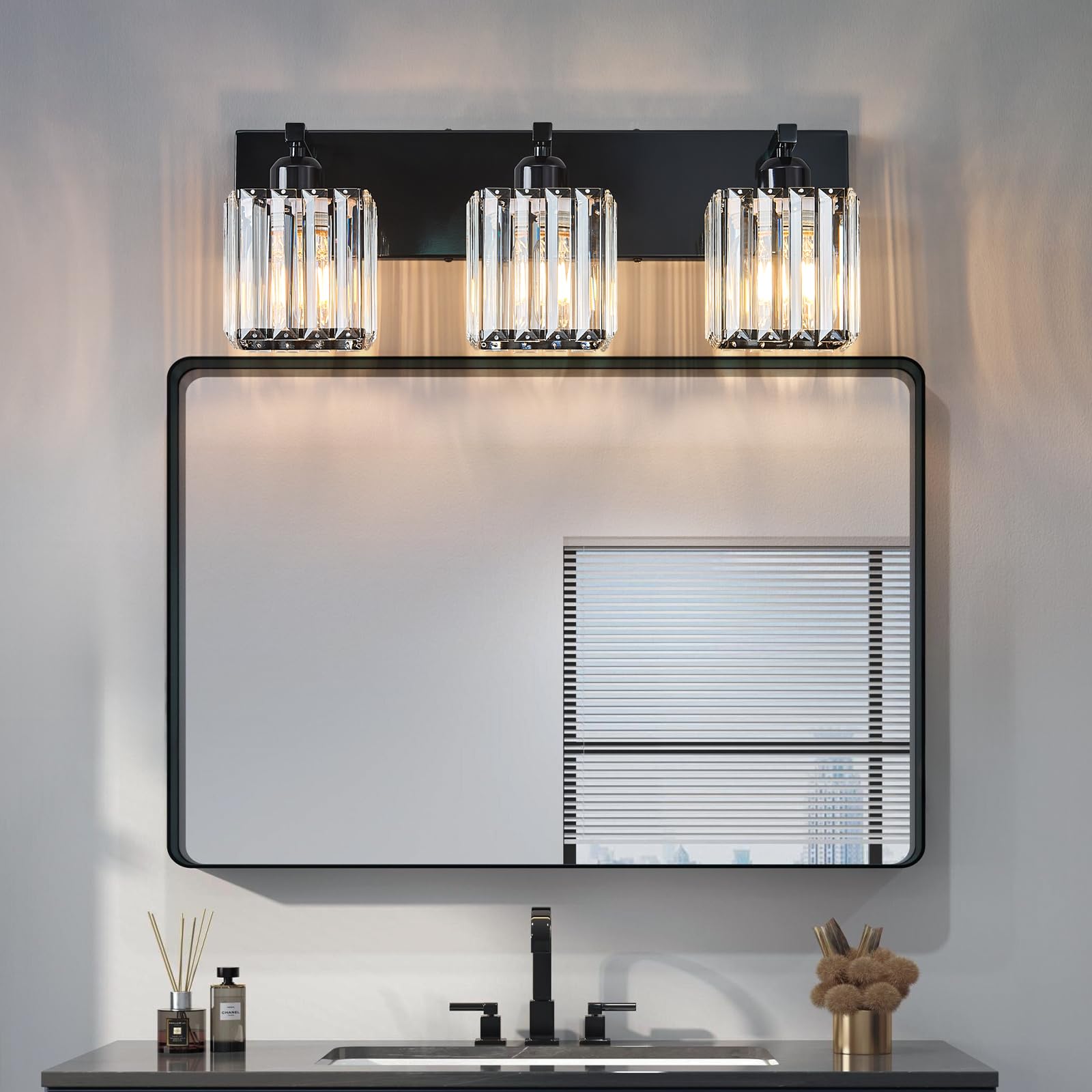 FDPBY Bathroom Vanity Light 3-Light Plating Black Crystal Wall Fixture Model 002