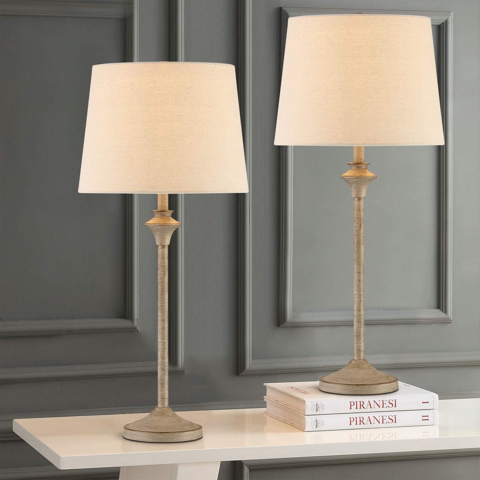 Maxax Farmhouse Buffet Table Lamps Set of 2, 26in Brown Metal Base with Oatmeal Fabric Shade for Living Room, Office, Kids Room