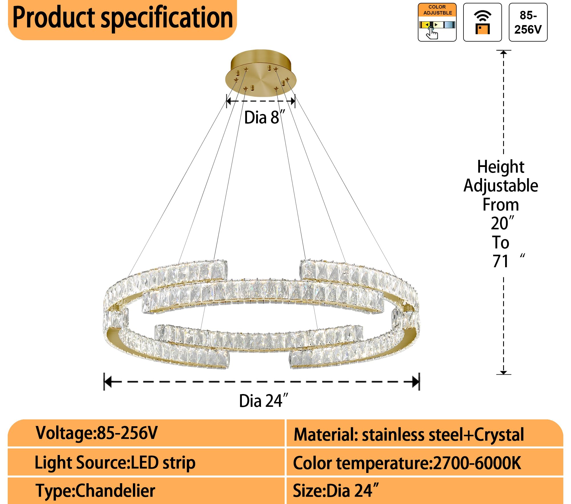 IDEQUY Modern Gold Crystal Ring Chandelier Pendant Light D24in Dimmable 3000k-6000k Stainless Steel & Crystal