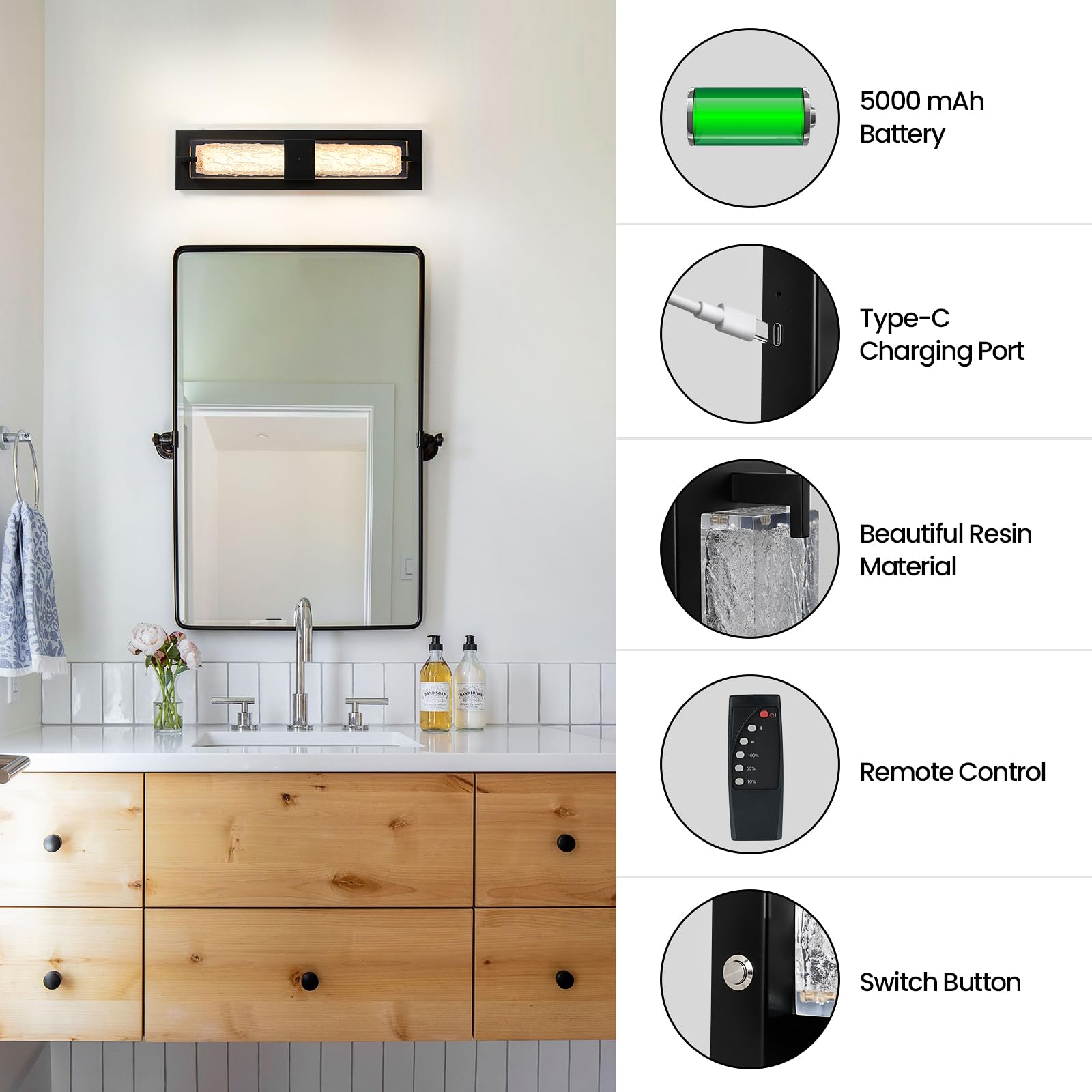 WOSHITU Battery Operated Wall Sconce - Dimmable LED Black Resin Light, 19 Inch, Wireless Rechargeable, Modern Design for Home