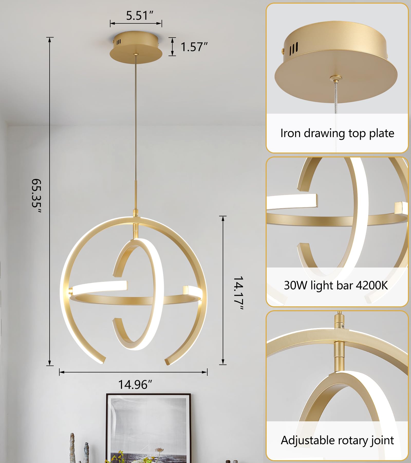 Q&S Modern LED Chandelier, Gold Round Globe Pendant Light, W15", Model P2028-GD for Entryway, Kitchen, Dining Room, Living Room