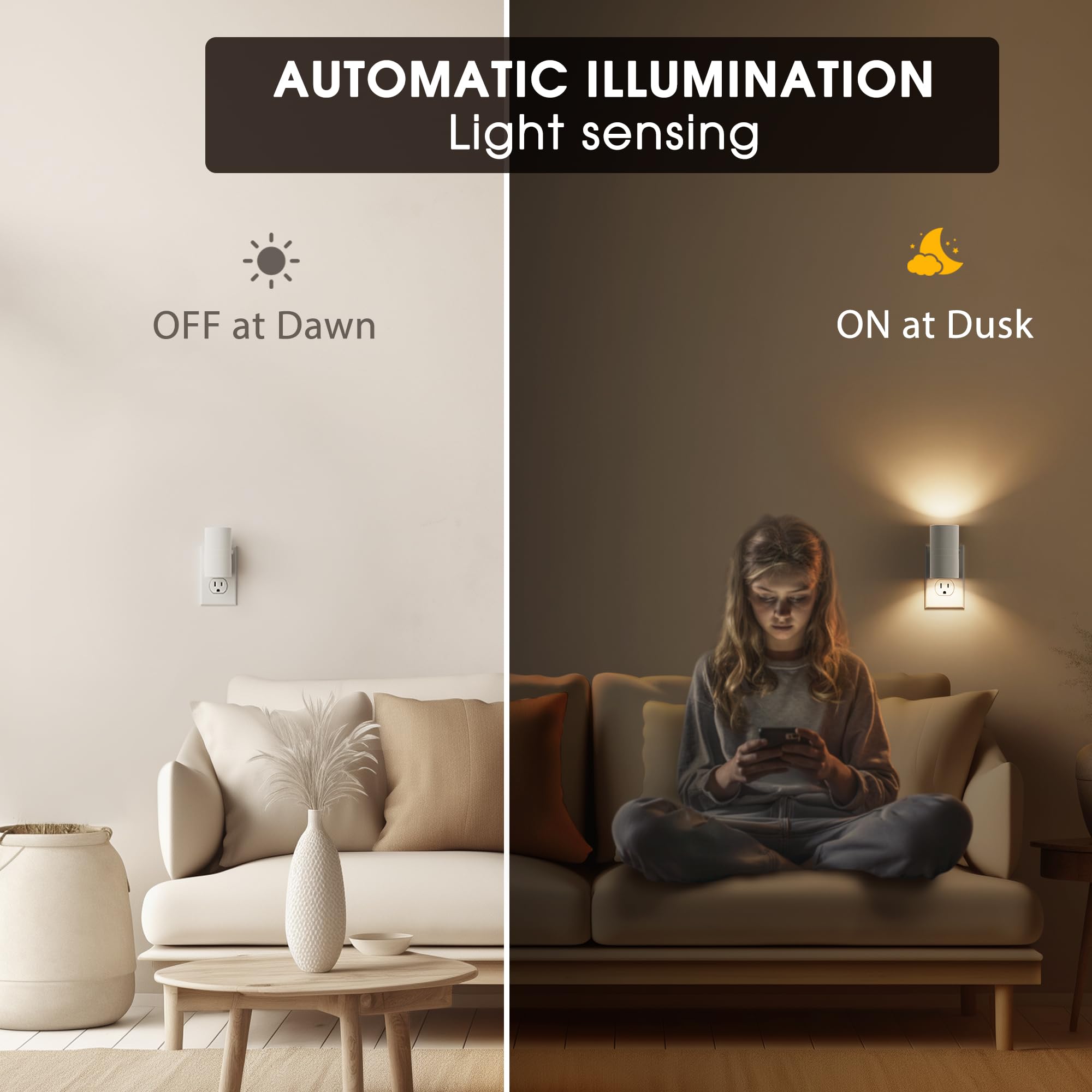 Briignite Night Light, Dusk To Dawn Sensor, 0-100Lm Adjustable Brightness, Soft White 3000K Nightlight, Dimmable Night Lights Pl
