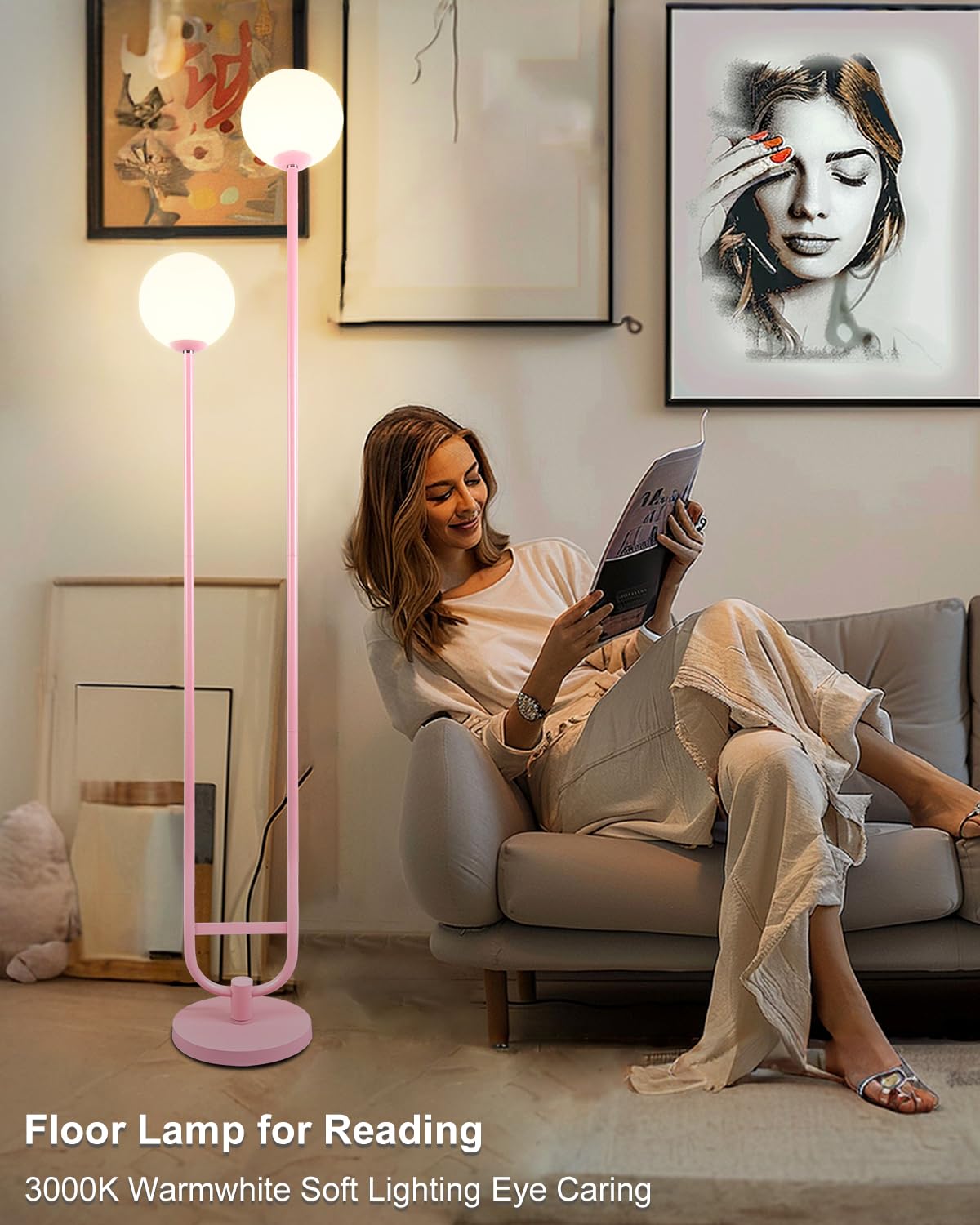 Lightdot 63IN Gold Floor Lamp - 2 Globe Mid Century Design with Warm White LED Bulbs, Unique Vintage Style for Living Room/Wedding/Party
