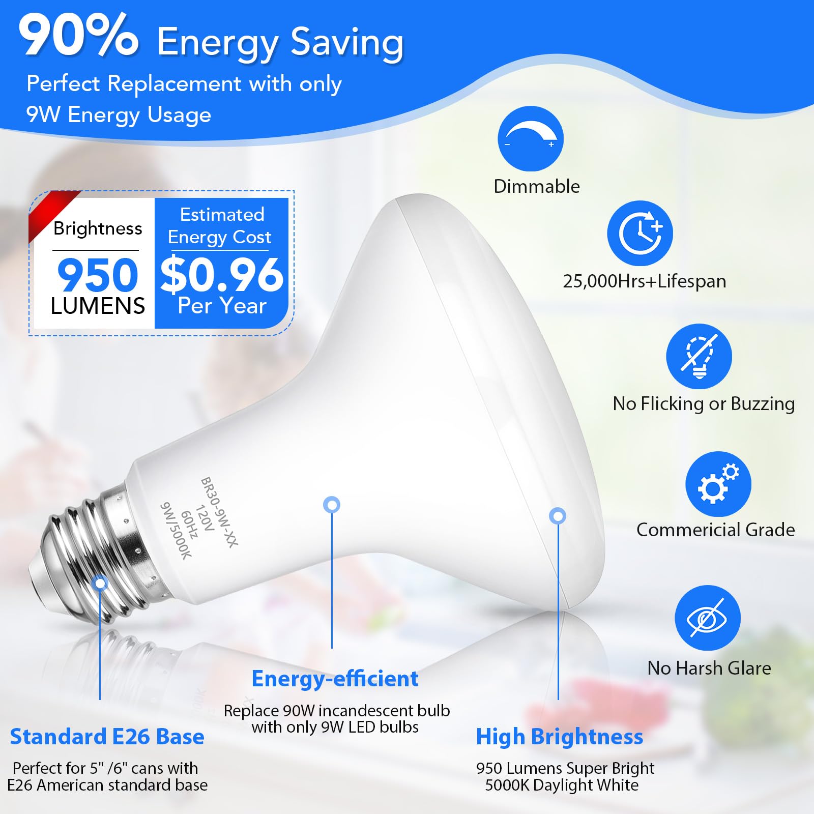 Maylaywood Br30 Led Light Bulbs Indoor Flood Light, 90W Equivalent, Dimmable, Daylight White 5000K, 950Lm, E26 Base, 9W Led Rece